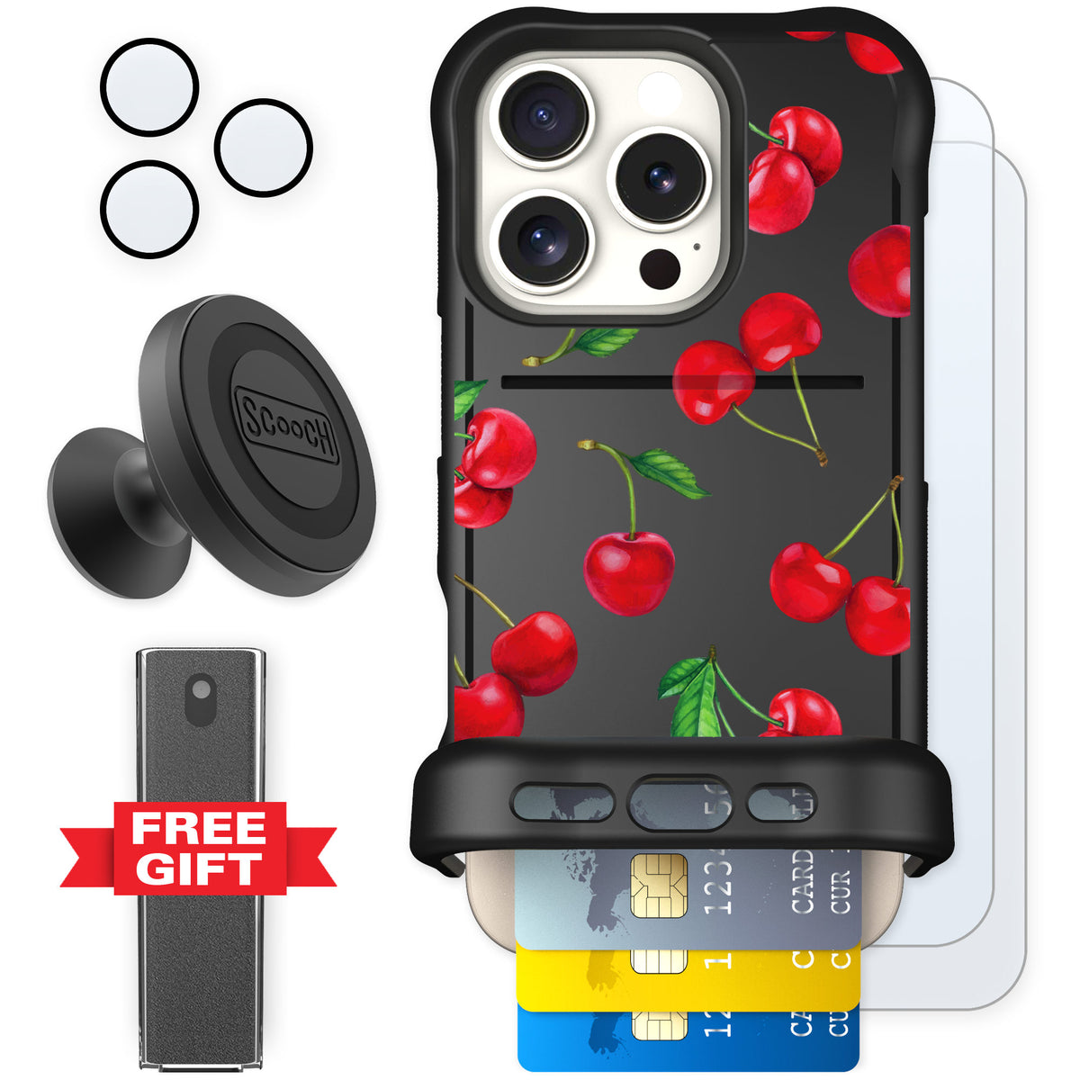 Scooch Wingmate Very Cherry for iPhone 16 Pro — Defender Bundle
