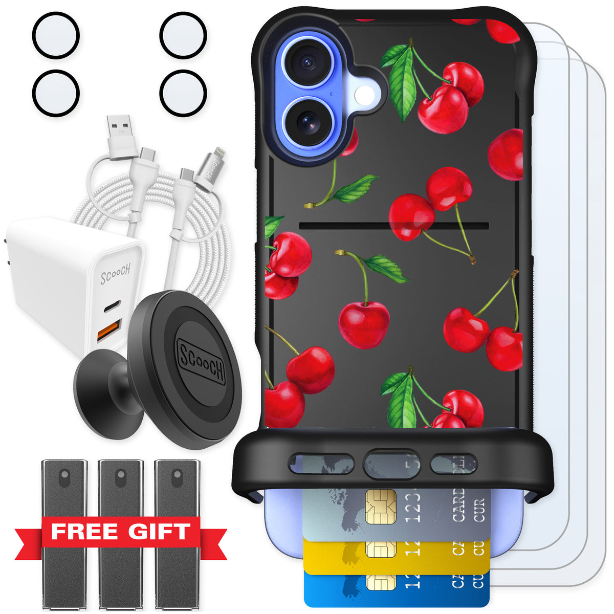 Scooch Wingmate Very Cherry for iPhone 16 Plus — Ultimate Bundle