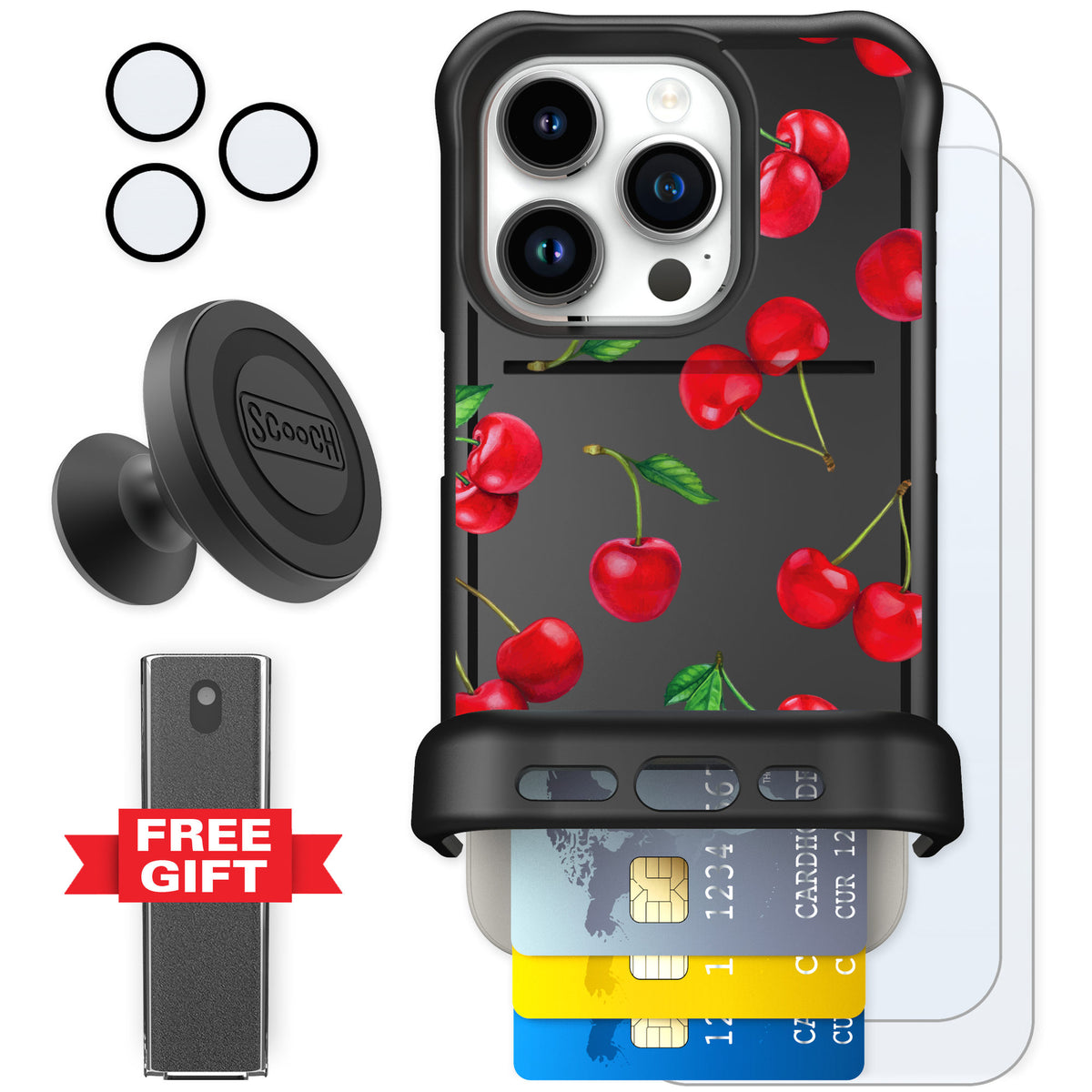 Scooch Wingmate Very Cherry for iPhone 15 Pro — Defender Bundle