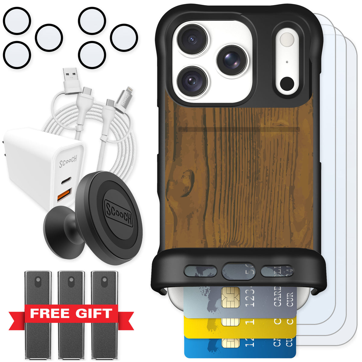 Scooch Wingmate Wood Grain for iPhone 18 Pro — Ultimate Bundle