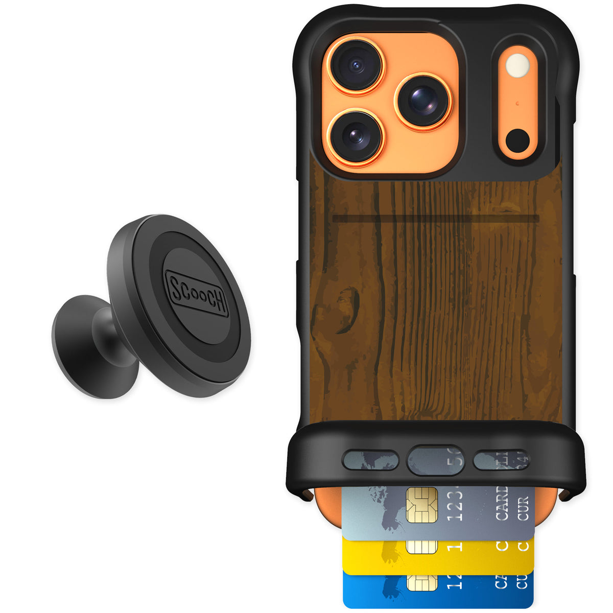Scooch Wingmate Wood Grain for iPhone 17 Pro — Starter Bundle