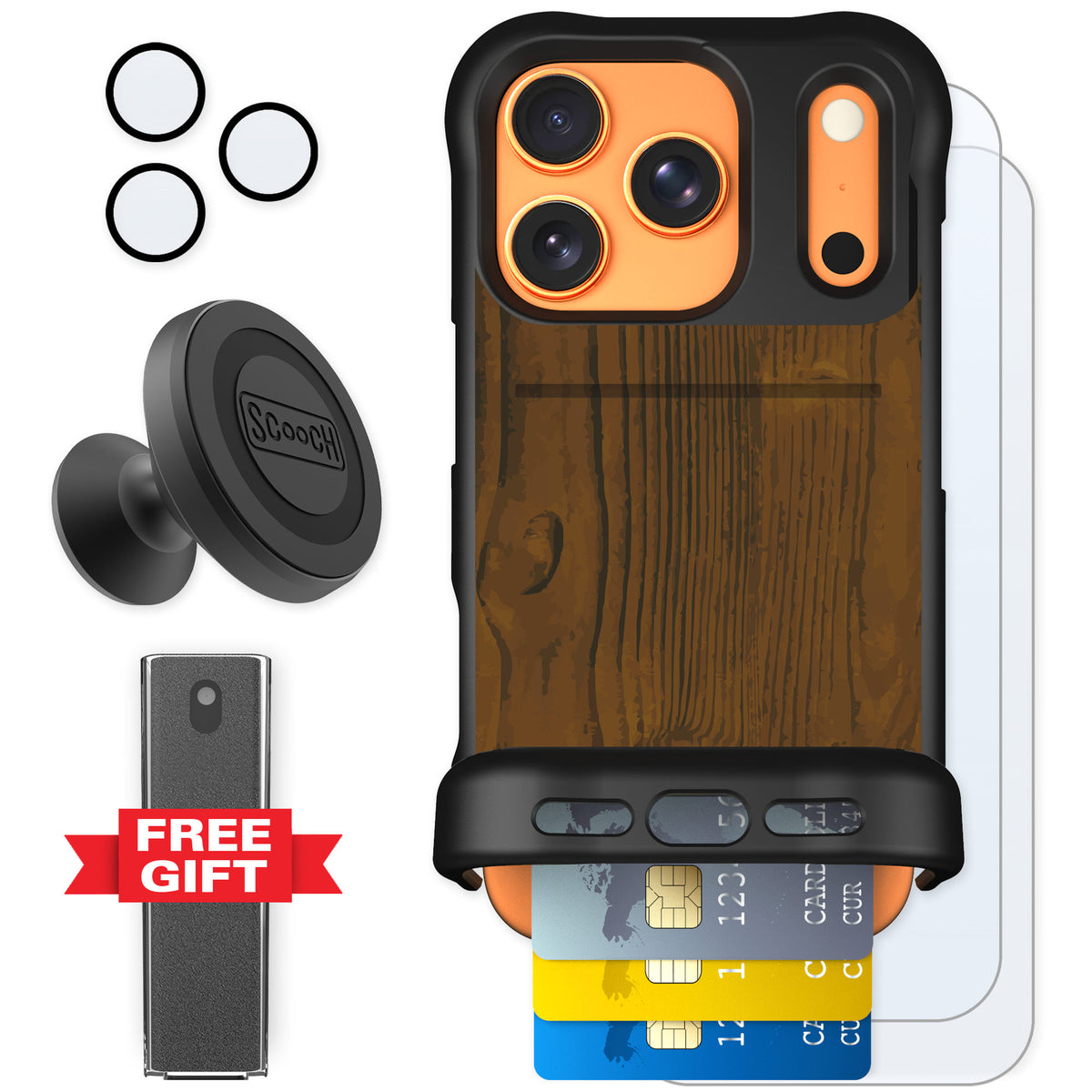Scooch Wingmate Wood Grain for iPhone 17 Pro — Defender Bundle