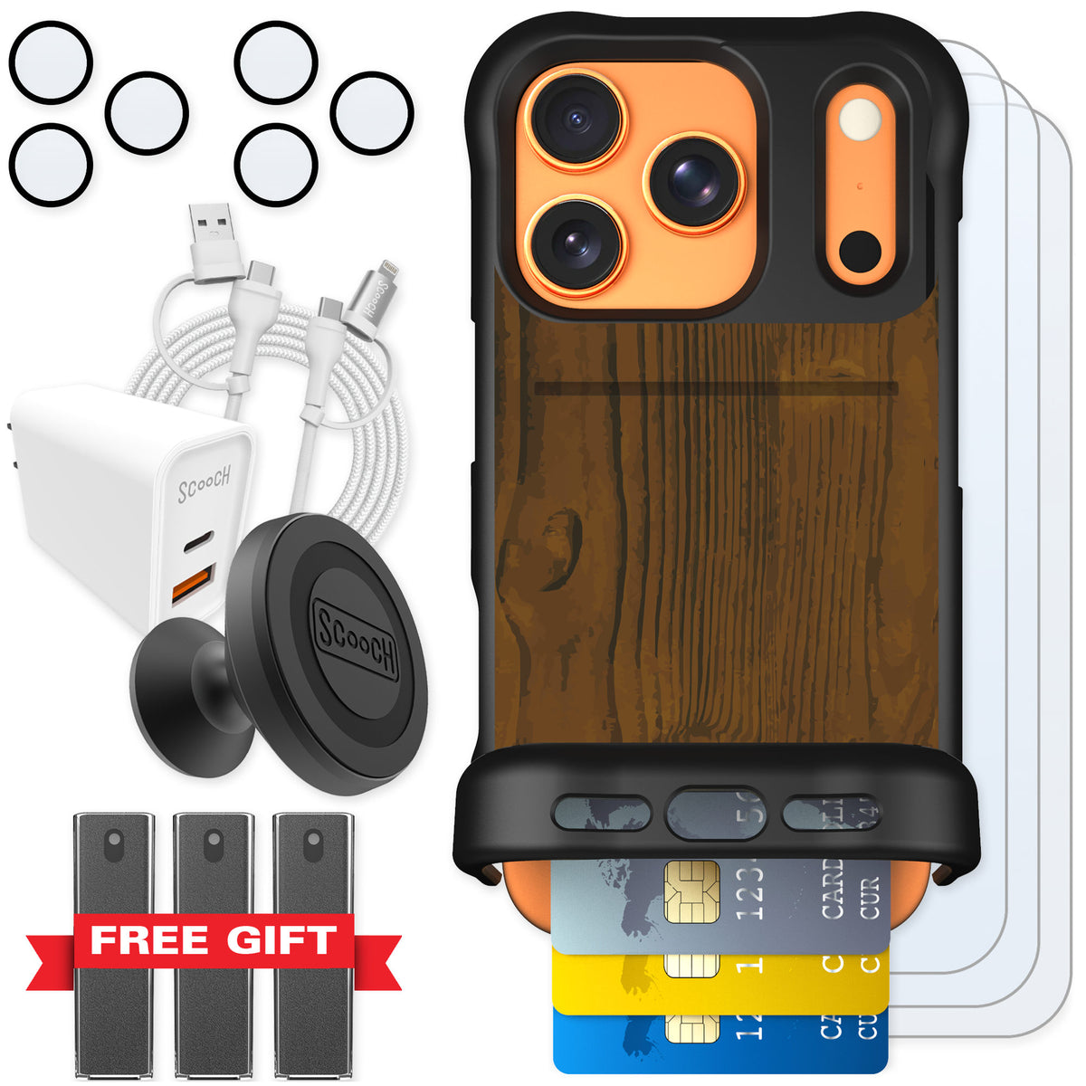 Scooch Wingmate Wood Grain for iPhone 17 Pro — Ultimate Bundle