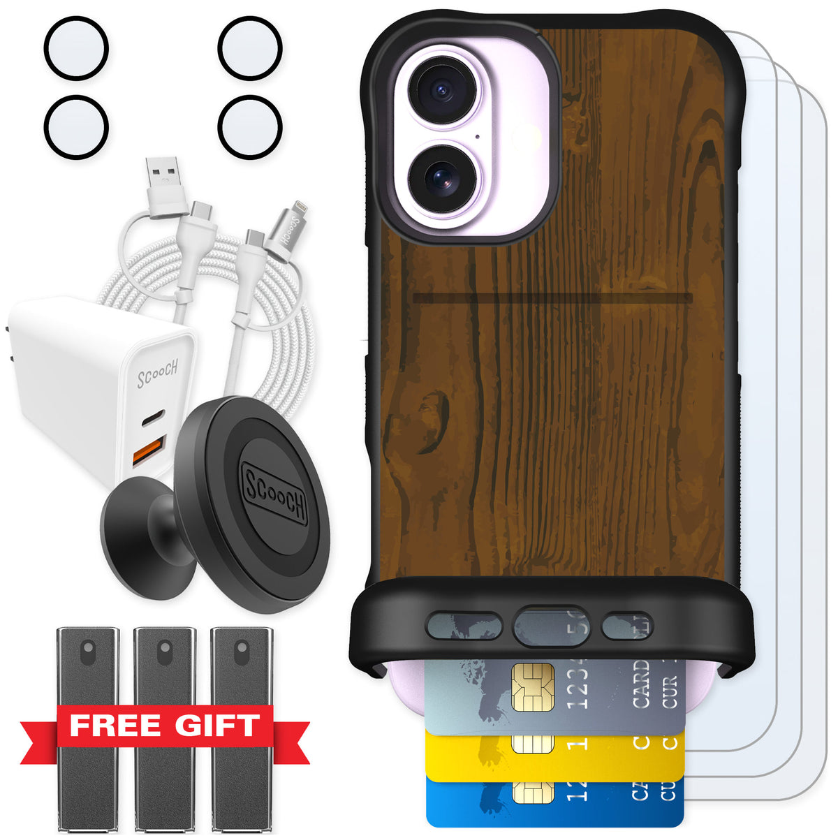 Scooch Wingmate Wood Grain for iPhone 17 — Ultimate Bundle