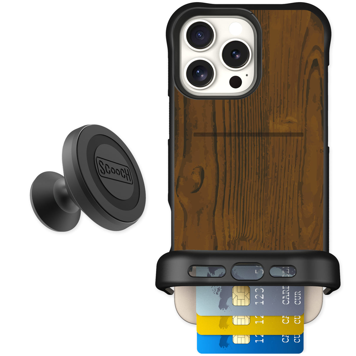 Scooch Wingmate Wood Grain for iPhone 16 Pro Max — Starter Bundle