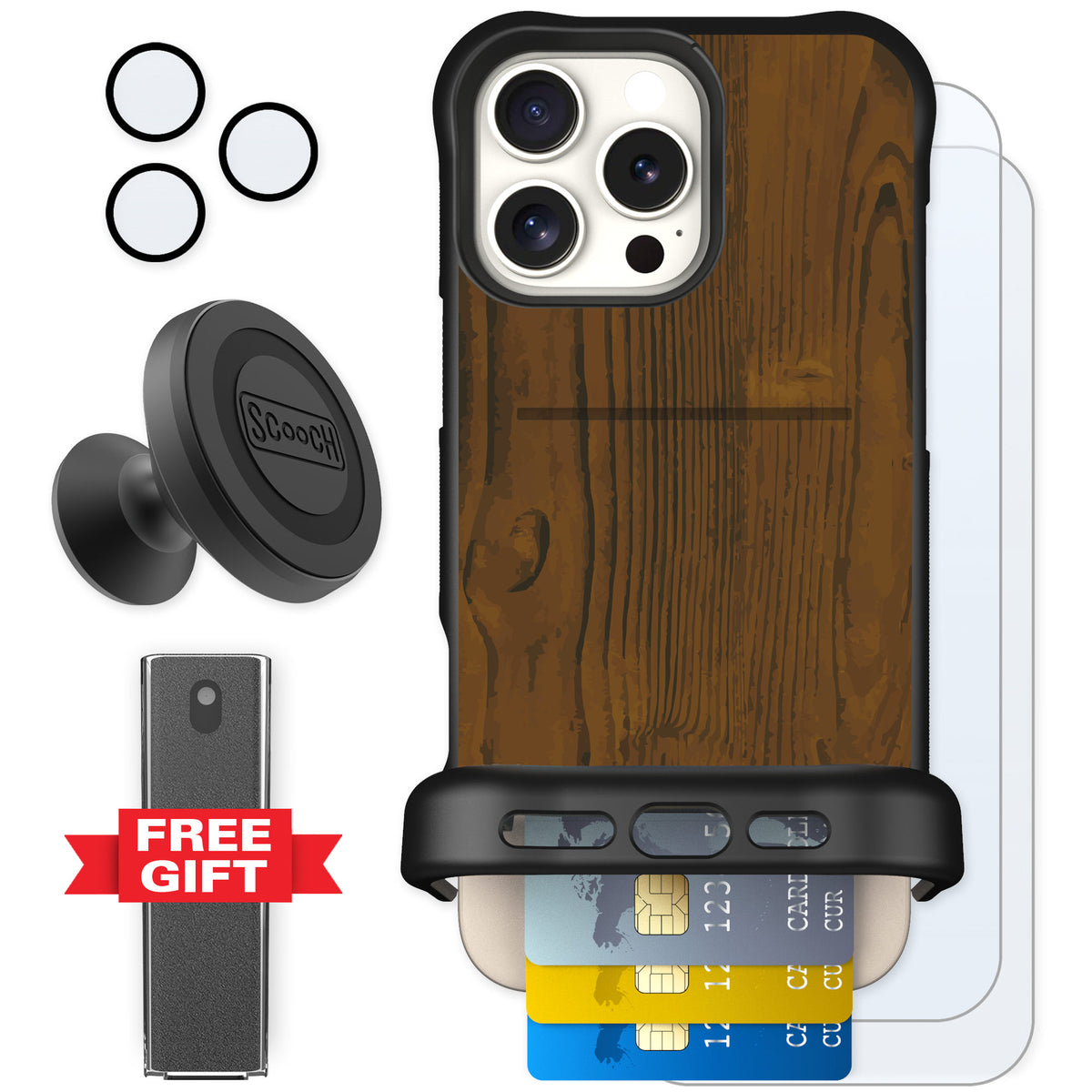 Scooch Wingmate Wood Grain for iPhone 16 Pro Max — Defender Bundle