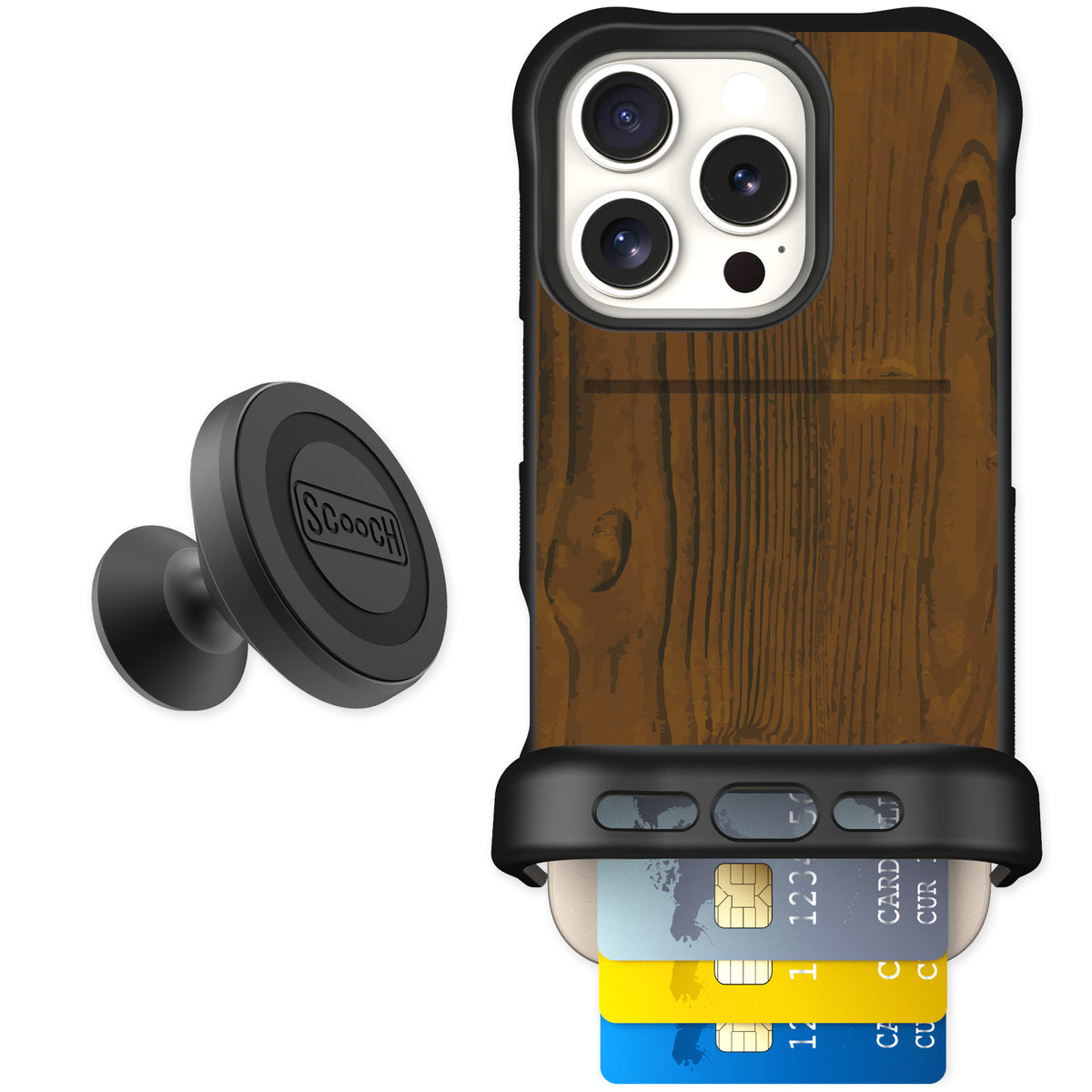 Scooch Wingmate Wood Grain for iPhone 16 Pro — Starter Bundle
