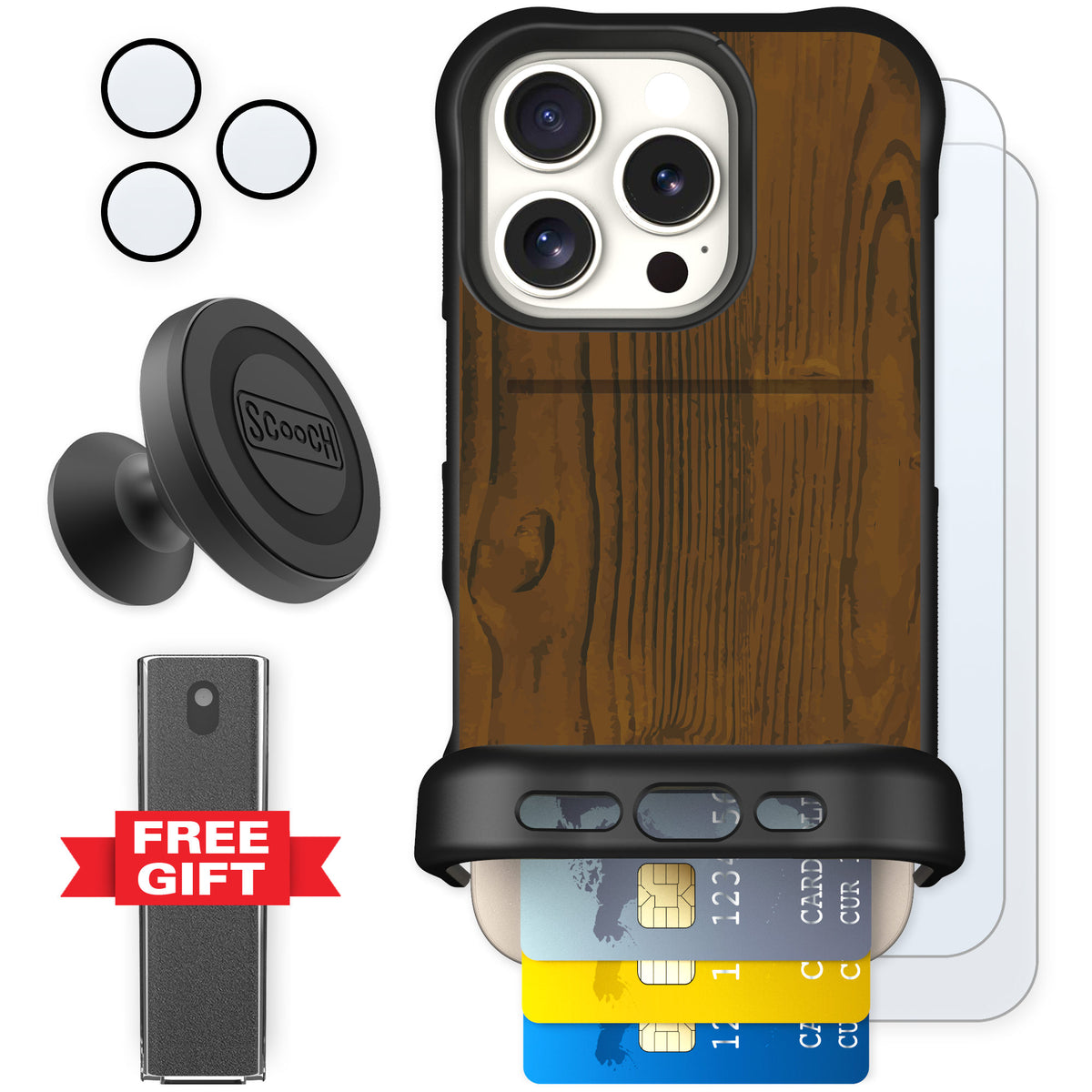 Scooch Wingmate Wood Grain for iPhone 16 Pro — Defender Bundle