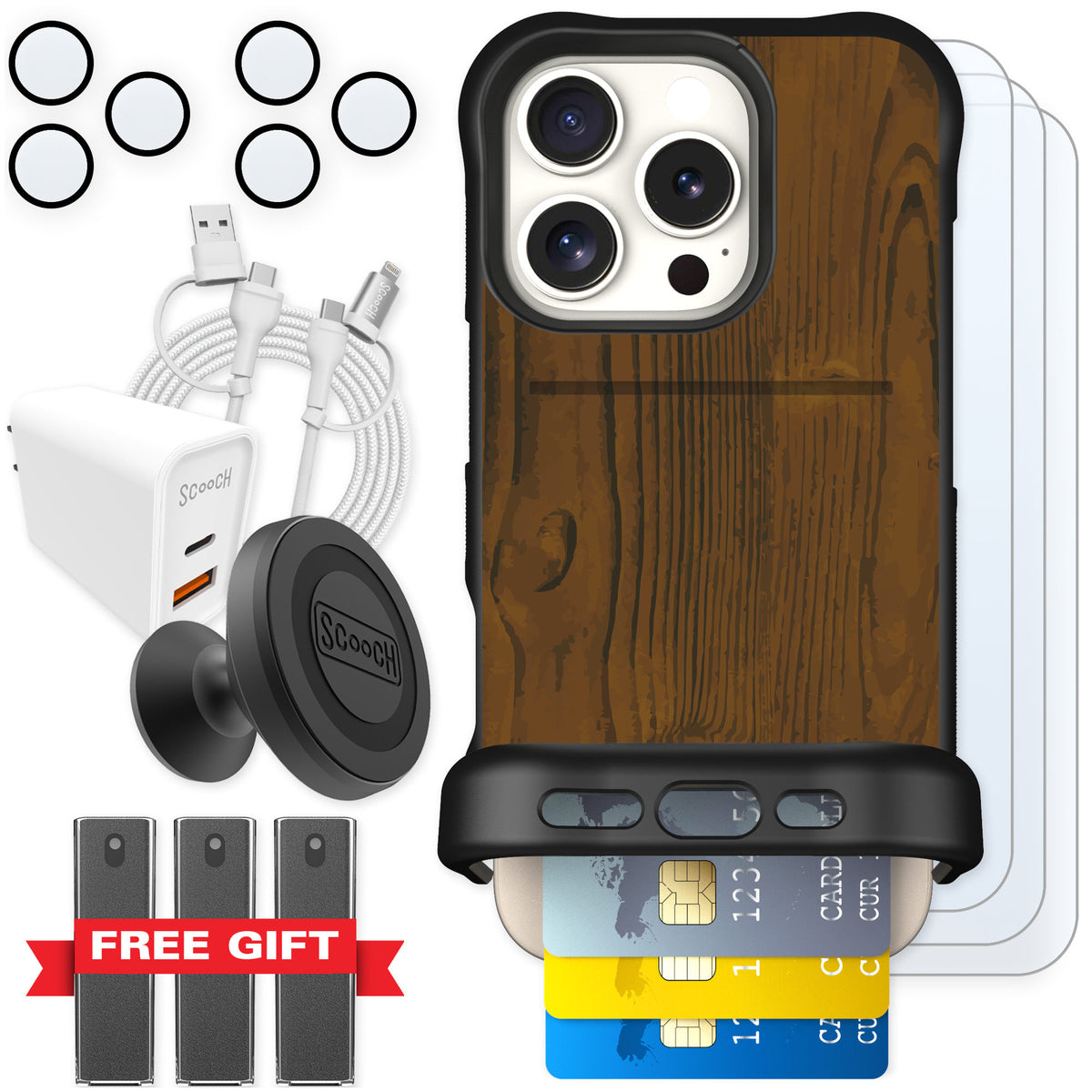 Scooch Wingmate Wood Grain for iPhone 16 Pro — Ultimate Bundle