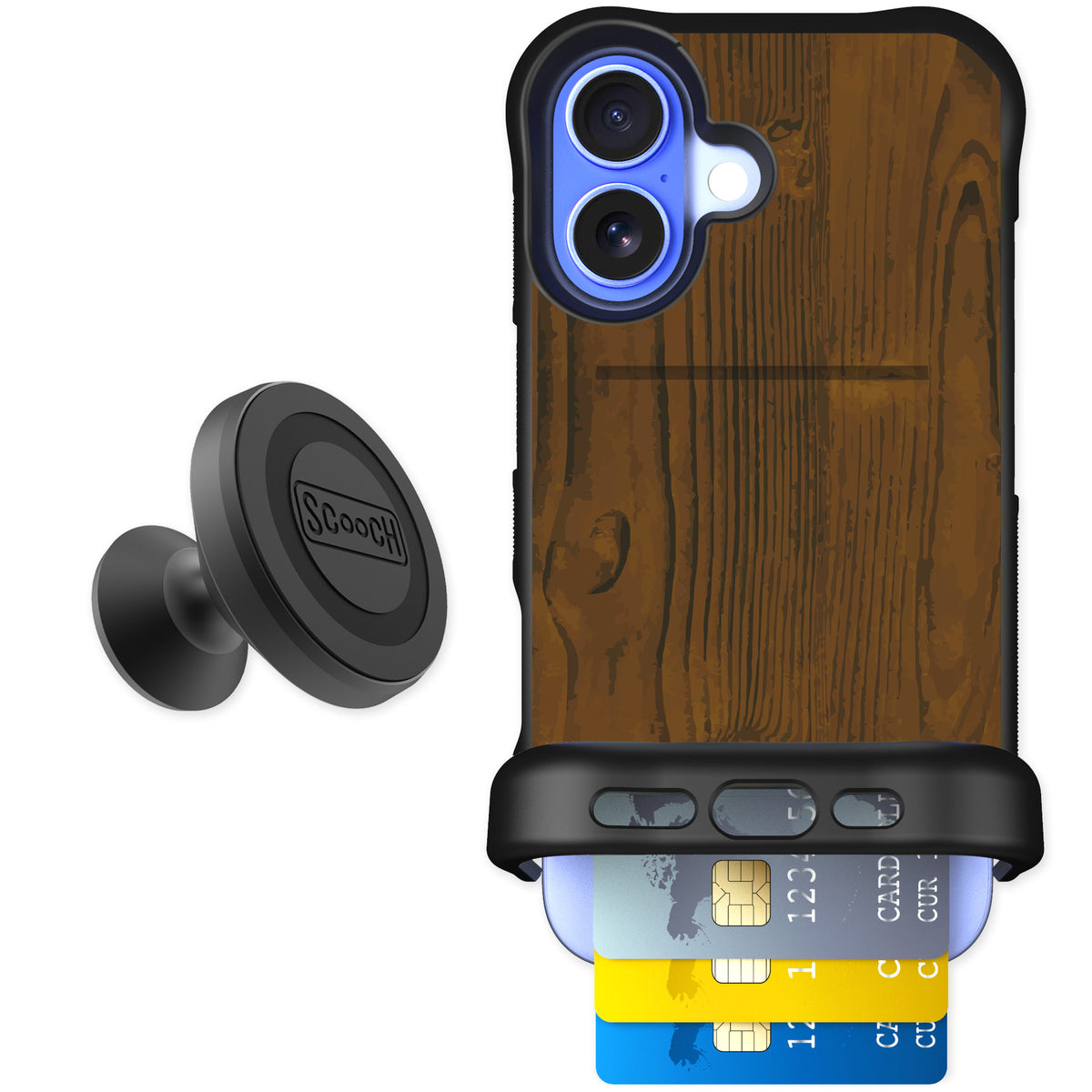 Scooch Wingmate Wood Grain for iPhone 16 — Starter Bundle