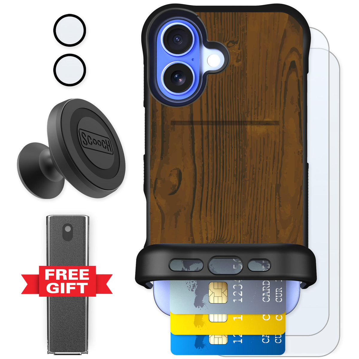 Scooch Wingmate Wood Grain for iPhone 16 — Defender Bundle