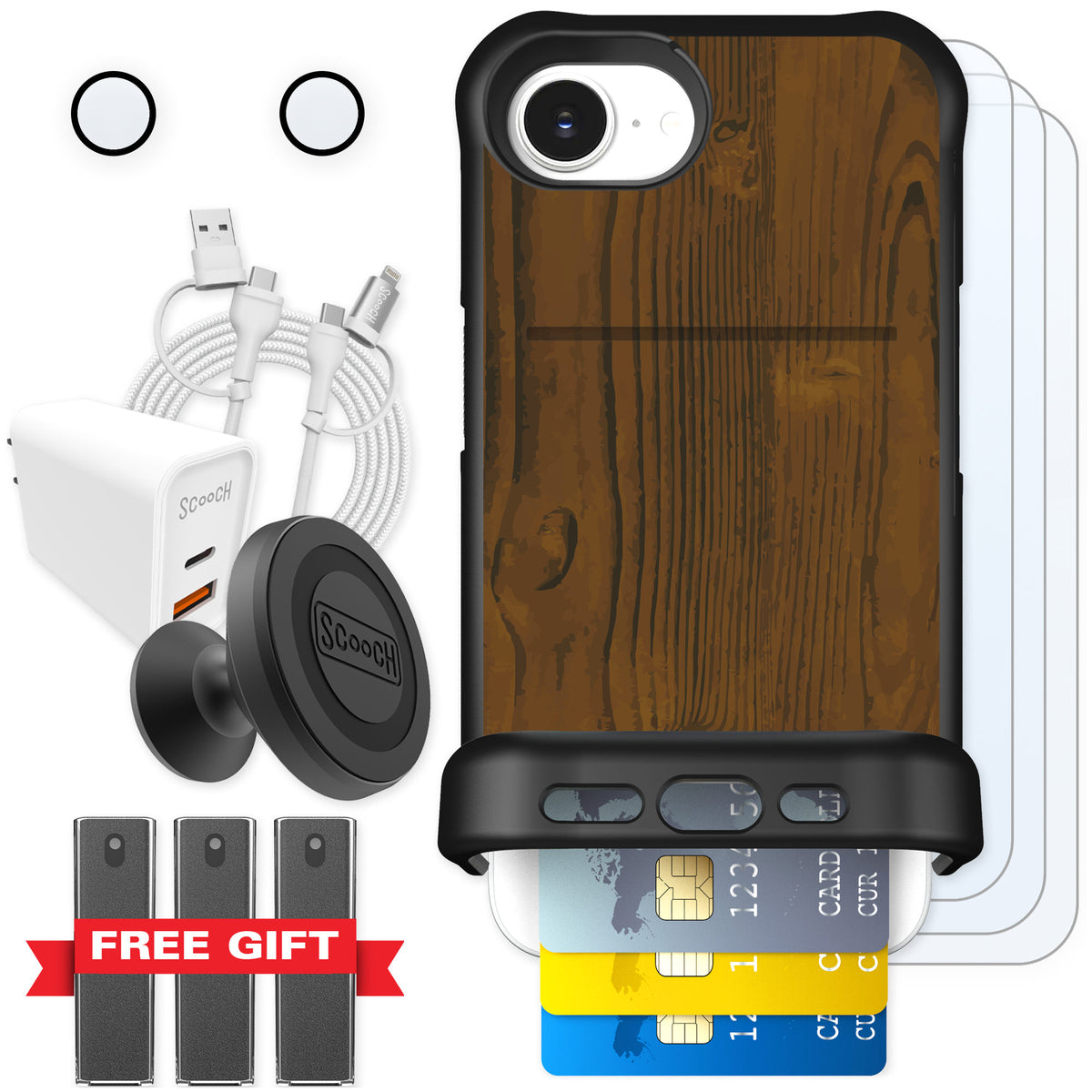 Scooch Wingmate Wood Grain for iPhone 16e — Ultimate Bundle