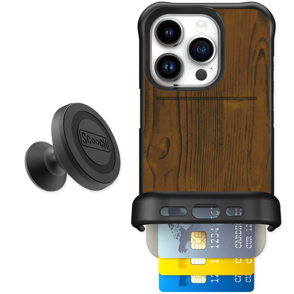 Scooch Wingmate Wood Grain for iPhone 15 Pro — Starter Bundle