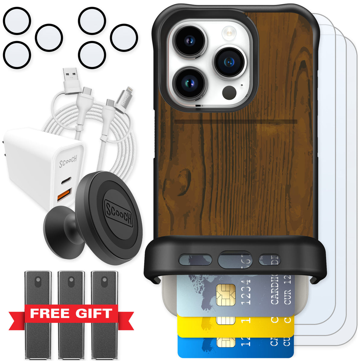 Scooch Wingmate Wood Grain for iPhone 15 Pro — Ultimate Bundle