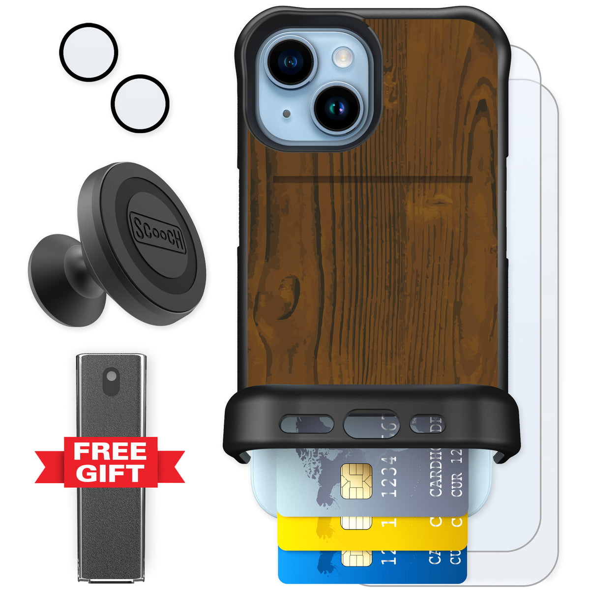 Scooch Wingmate Wood Grain for iPhone 15 — Defender Bundle
