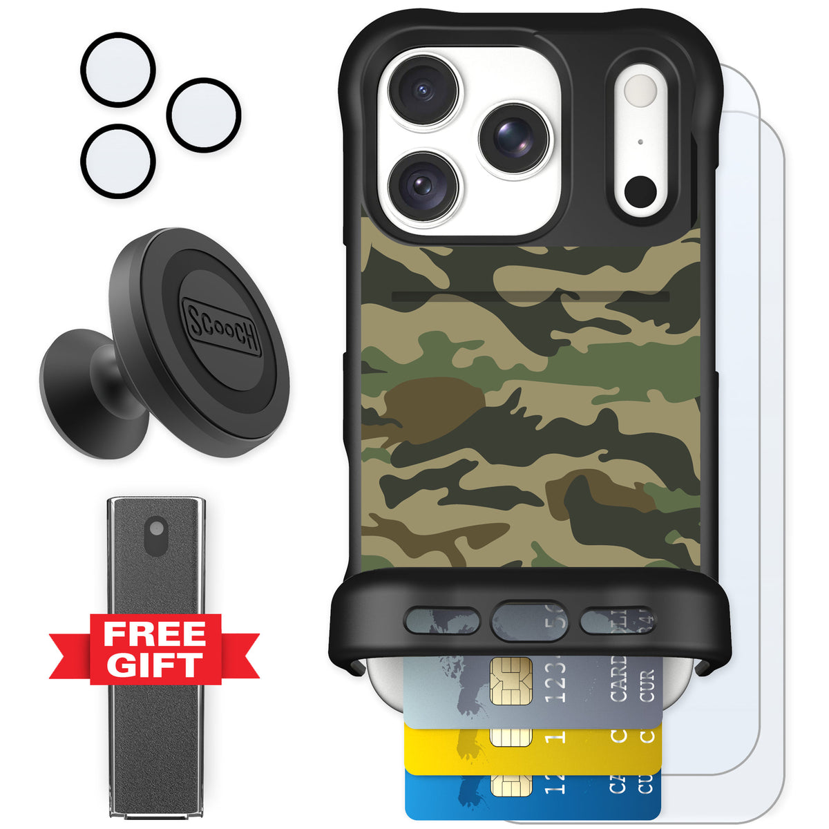 Scooch Wingmate Classic Camo for iPhone 18 Pro — Defender Bundle
