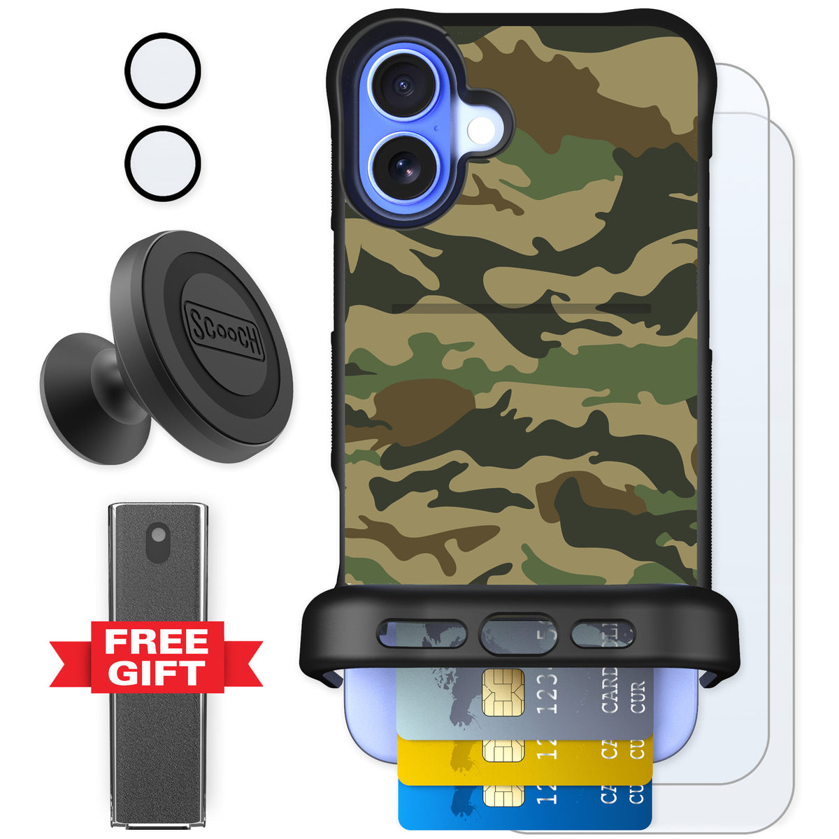 Scooch Wingmate Classic Camo for iPhone 16 Plus — Defender Bundle