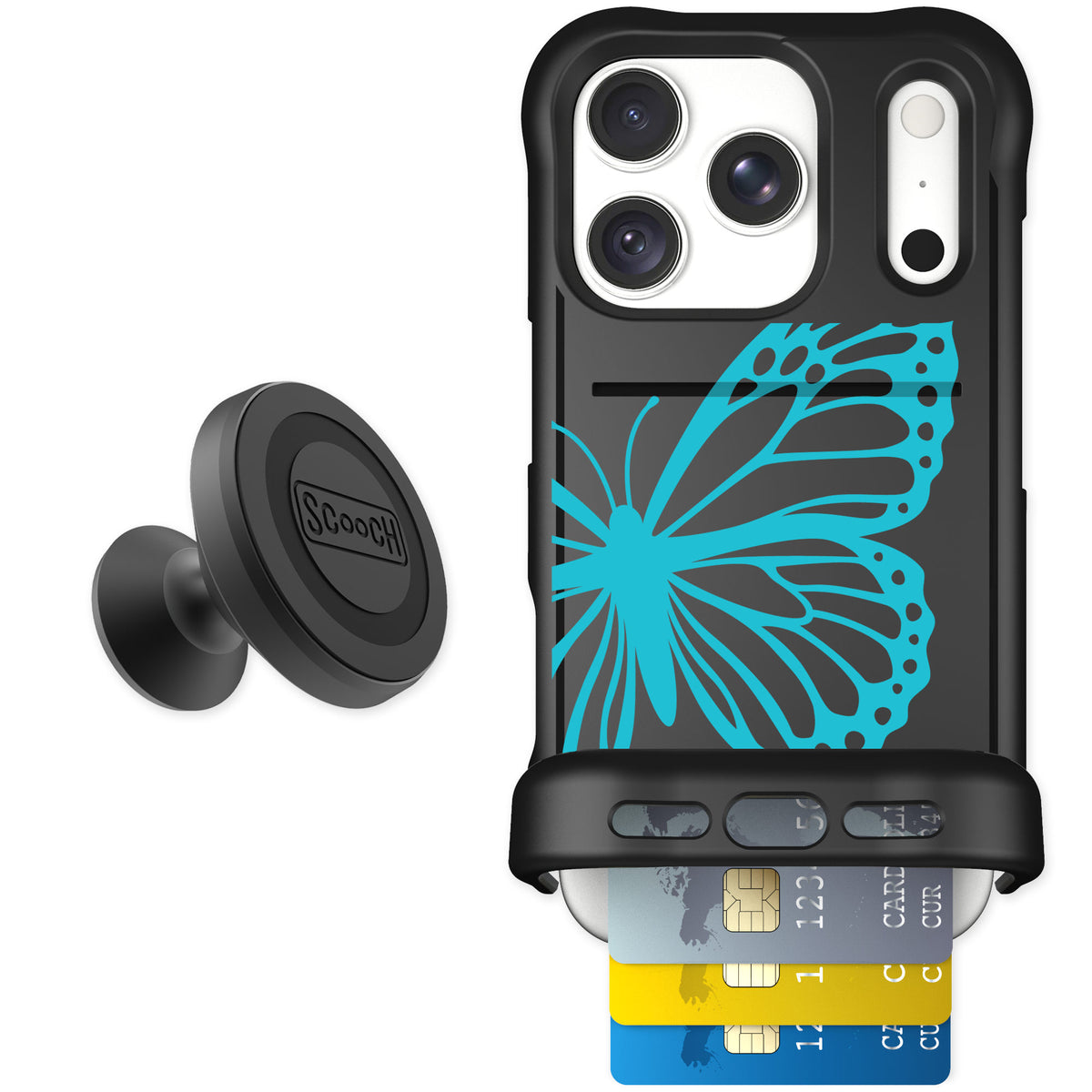 Scooch Wingmate Azure Butterfly for iPhone 18 Pro — Starter Bundle