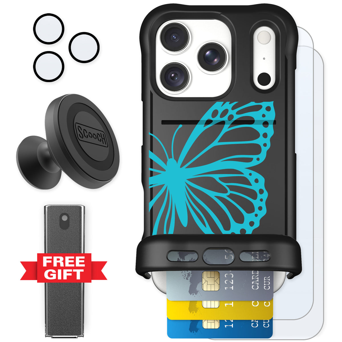 Scooch Wingmate Azure Butterfly for iPhone 18 Pro — Defender Bundle