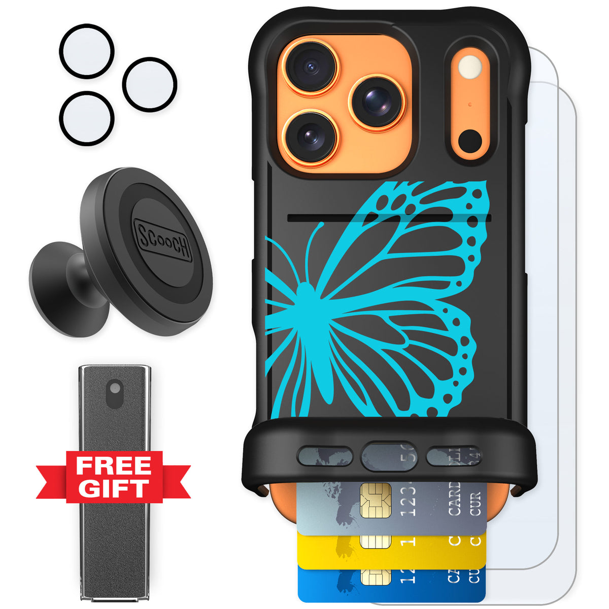 Scooch Wingmate Azure Butterfly for iPhone 17 Pro — Defender Bundle