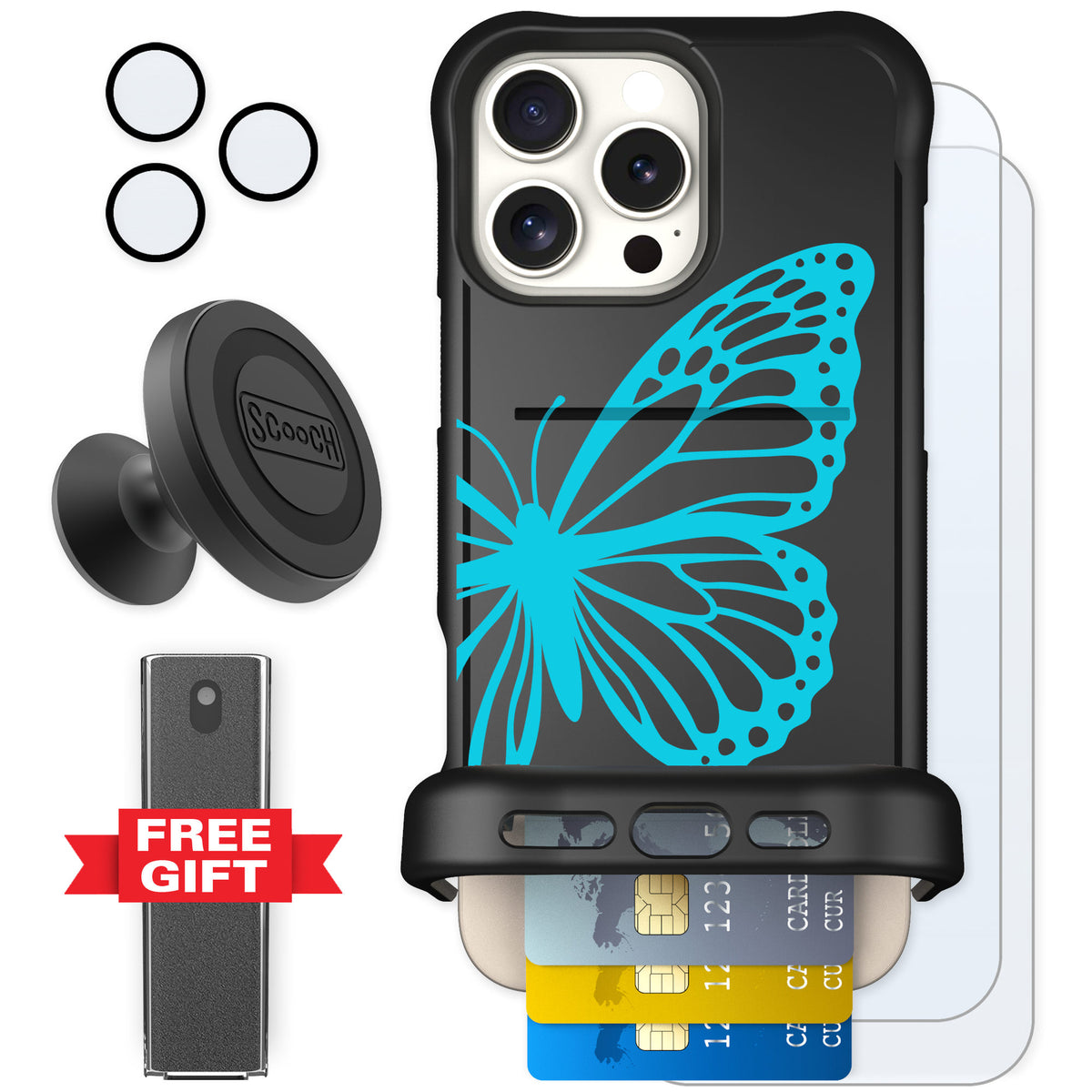 Scooch Wingmate Azure Butterfly for iPhone 16 Pro Max — Defender Bundle