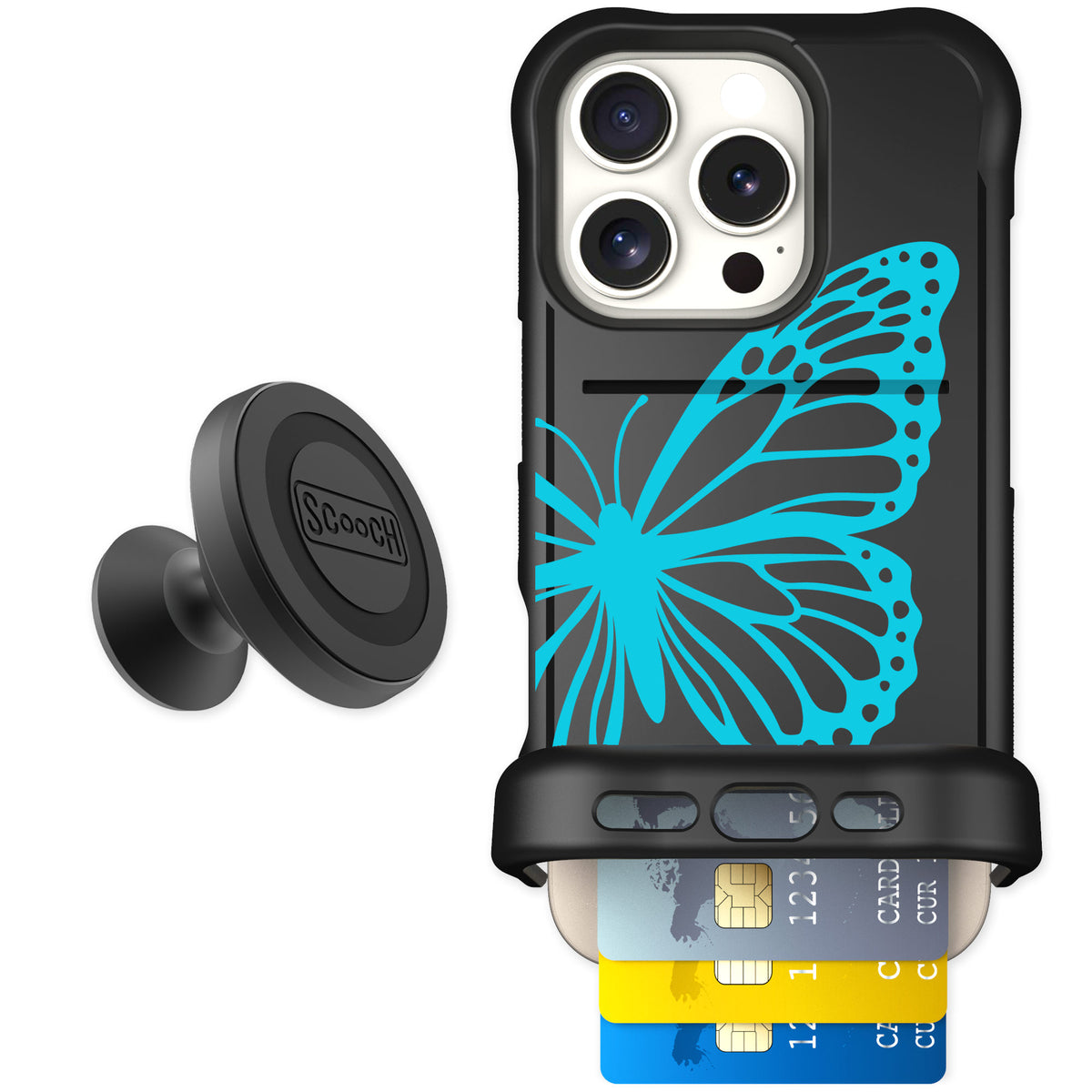 Scooch Wingmate Azure Butterfly for iPhone 16 Pro — Starter Bundle