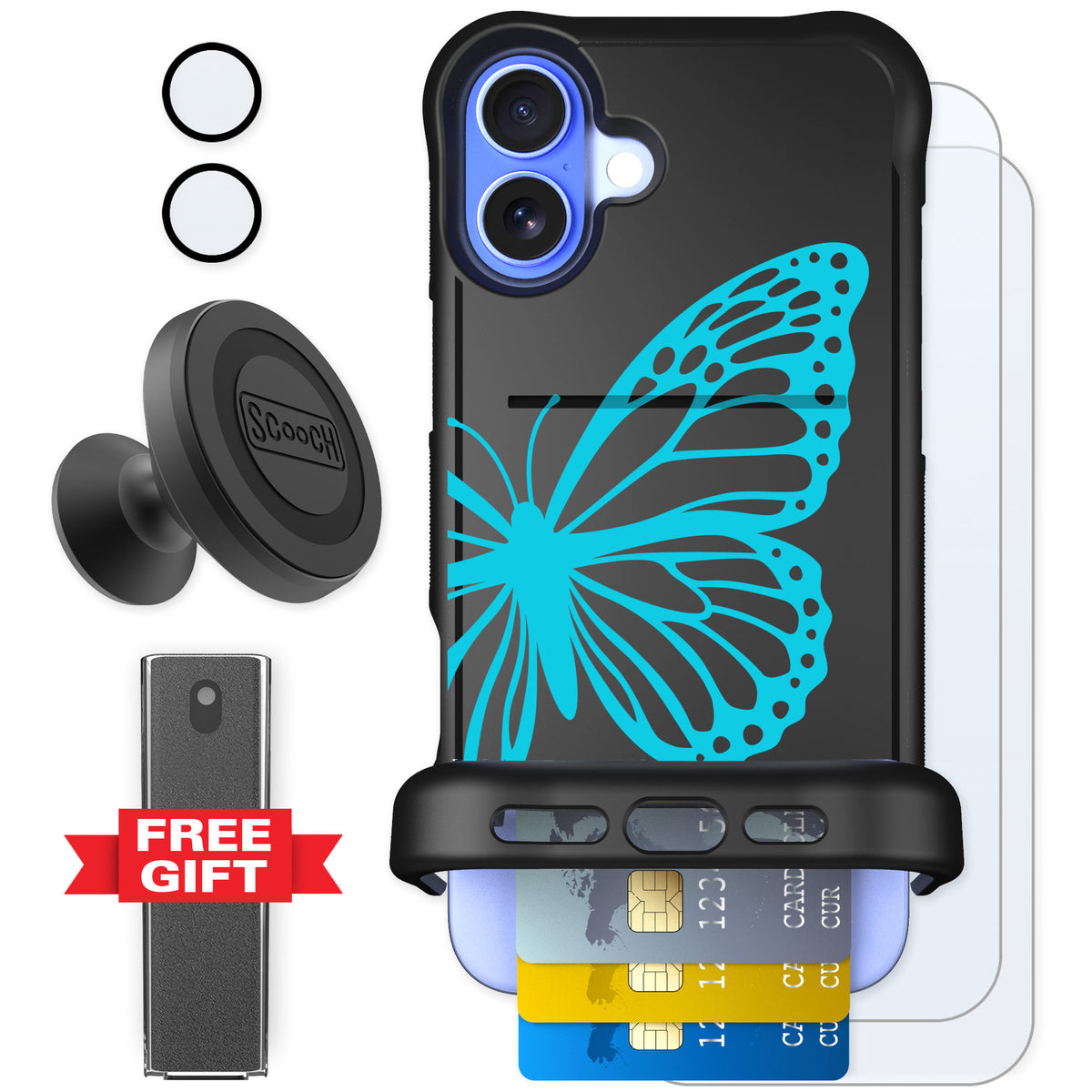 Scooch Wingmate Azure Butterfly for iPhone 16 Plus — Defender Bundle