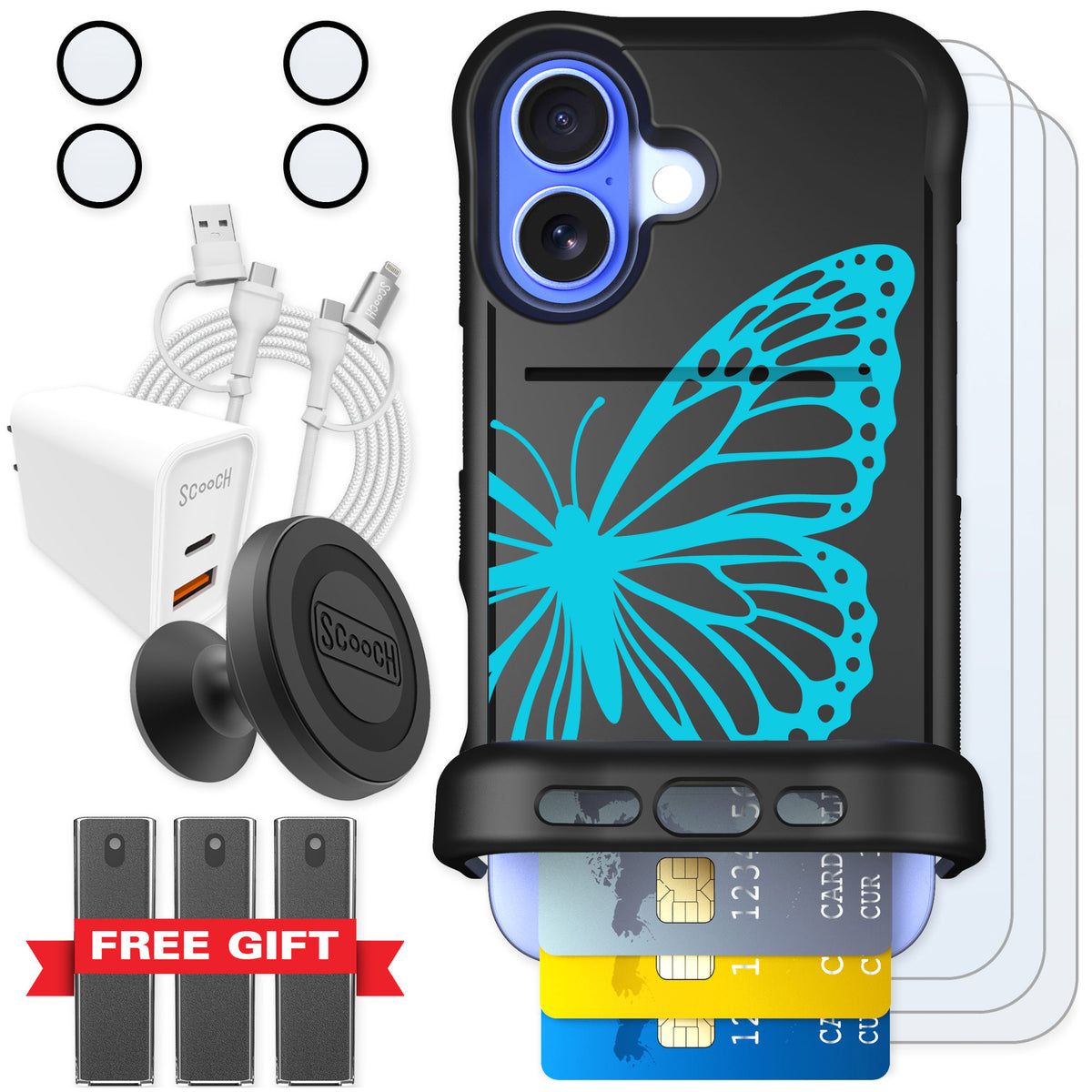 Scooch Wingmate Azure Butterfly for iPhone 16 — Ultimate Bundle