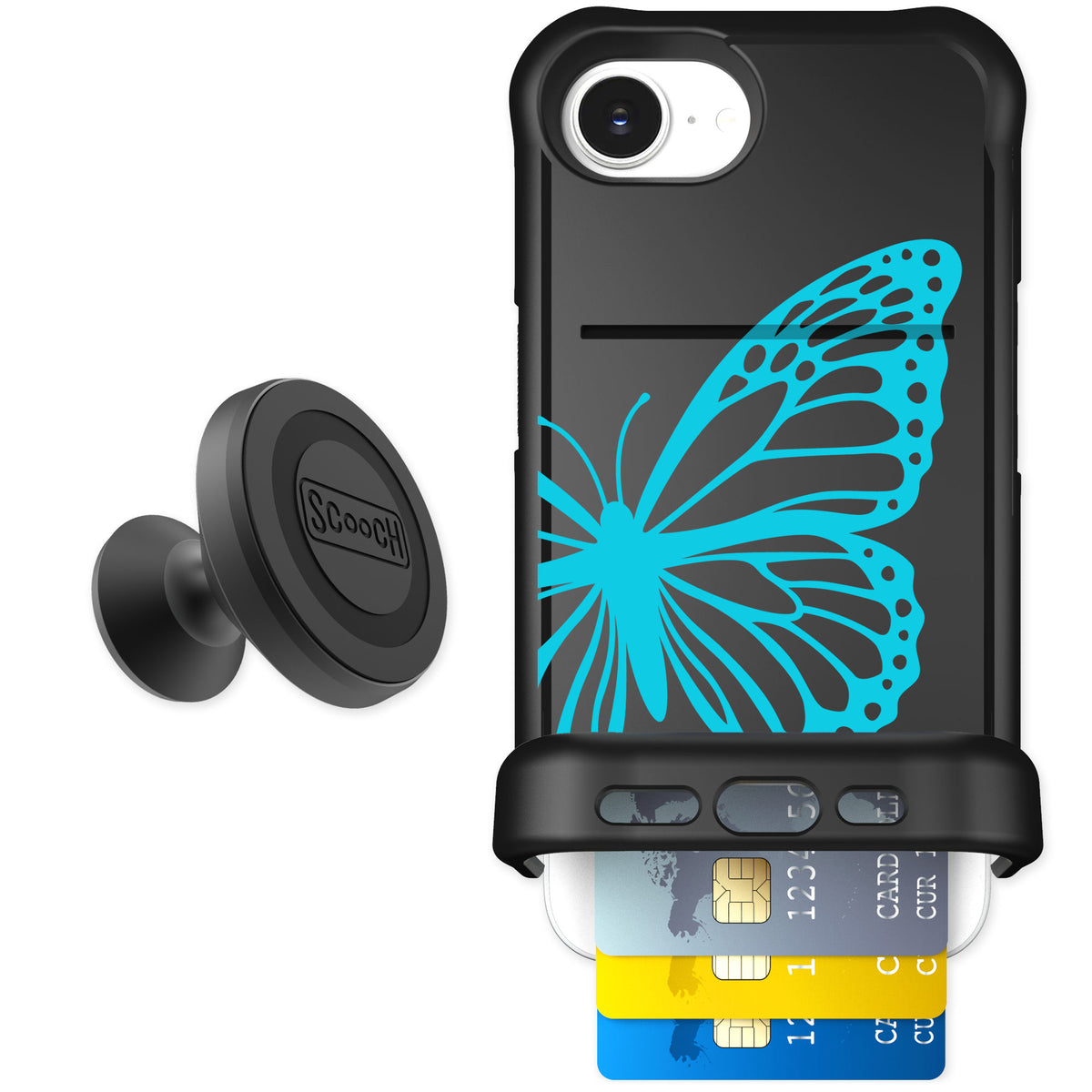 Scooch Wingmate Azure Butterfly for iPhone 16e — Starter Bundle