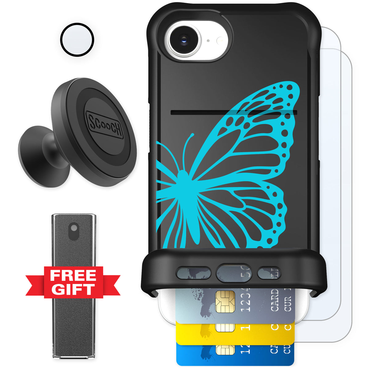 Scooch Wingmate Azure Butterfly for iPhone 16e — Defender Bundle