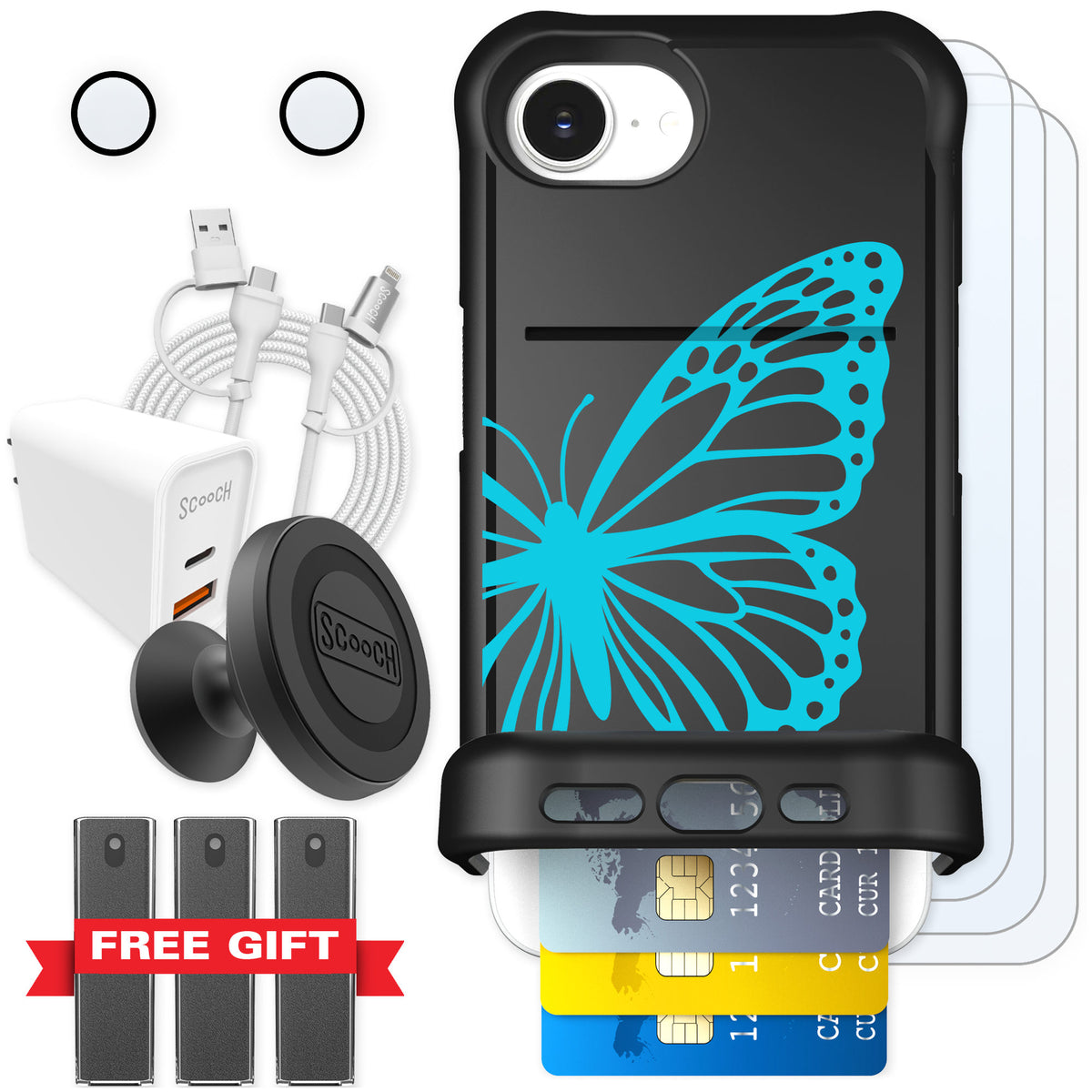 Scooch Wingmate Azure Butterfly for iPhone 16e — Ultimate Bundle