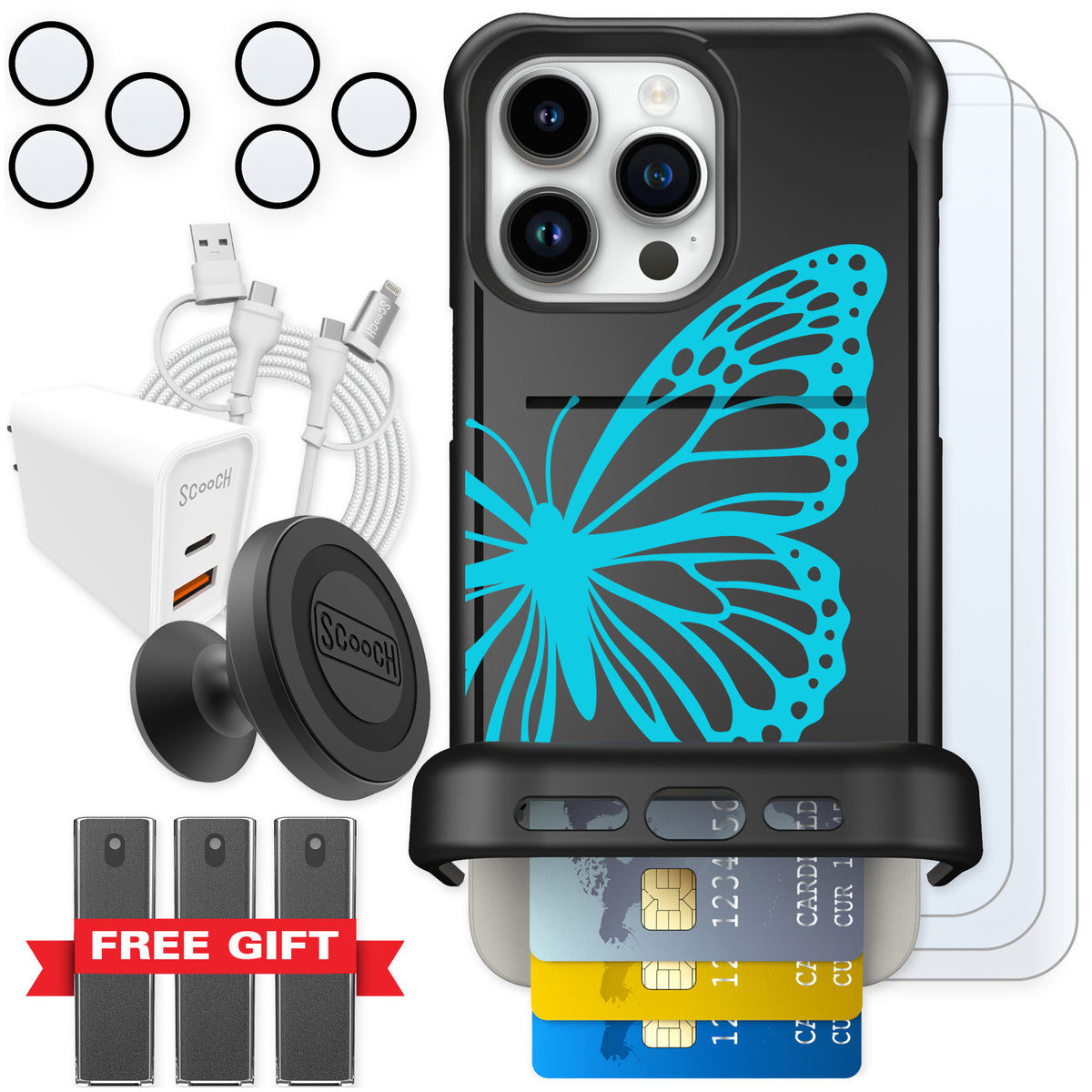 Scooch Wingmate Azure Butterfly for iPhone 15 Pro Max — Ultimate Bundle