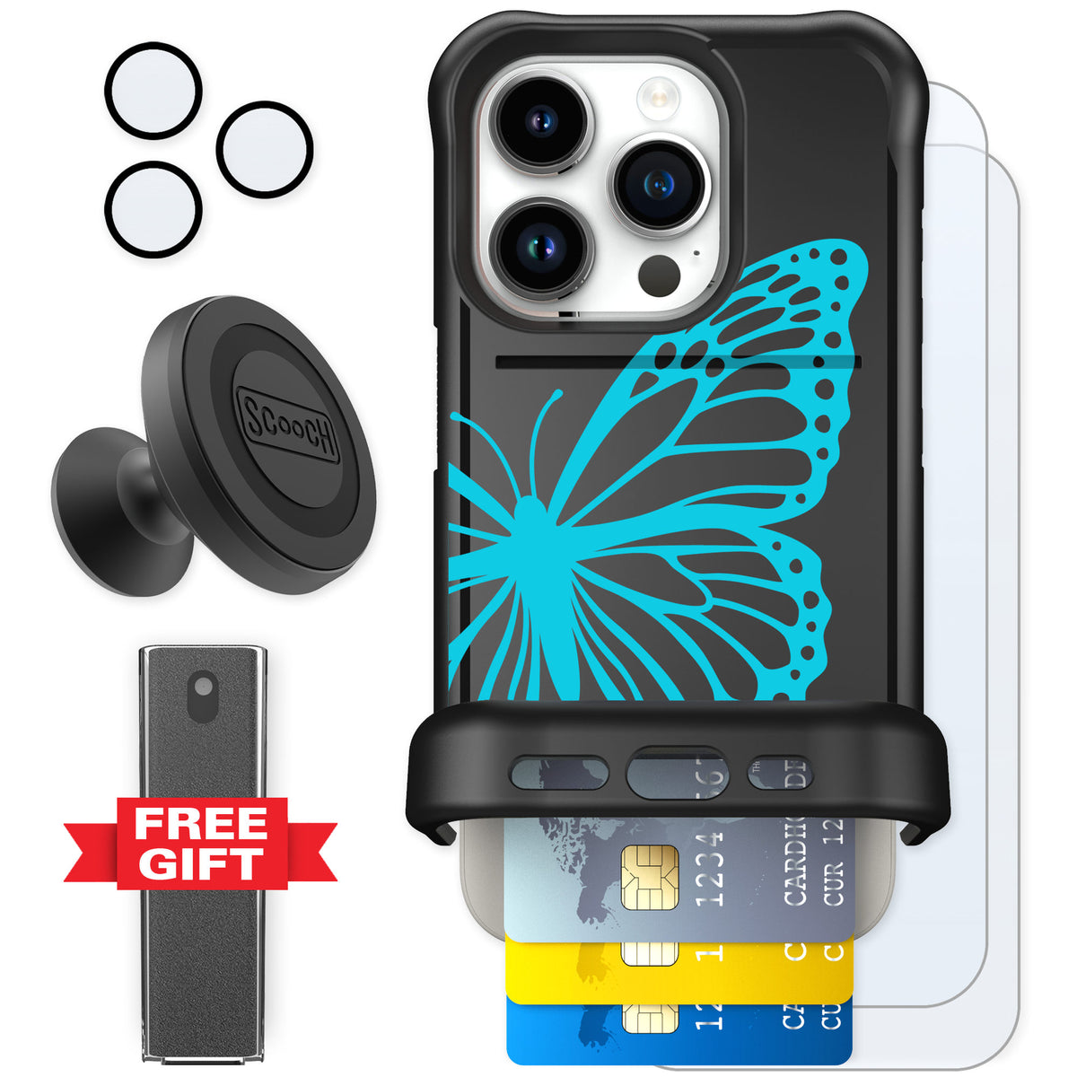 Scooch Wingmate Azure Butterfly for iPhone 15 Pro — Defender Bundle