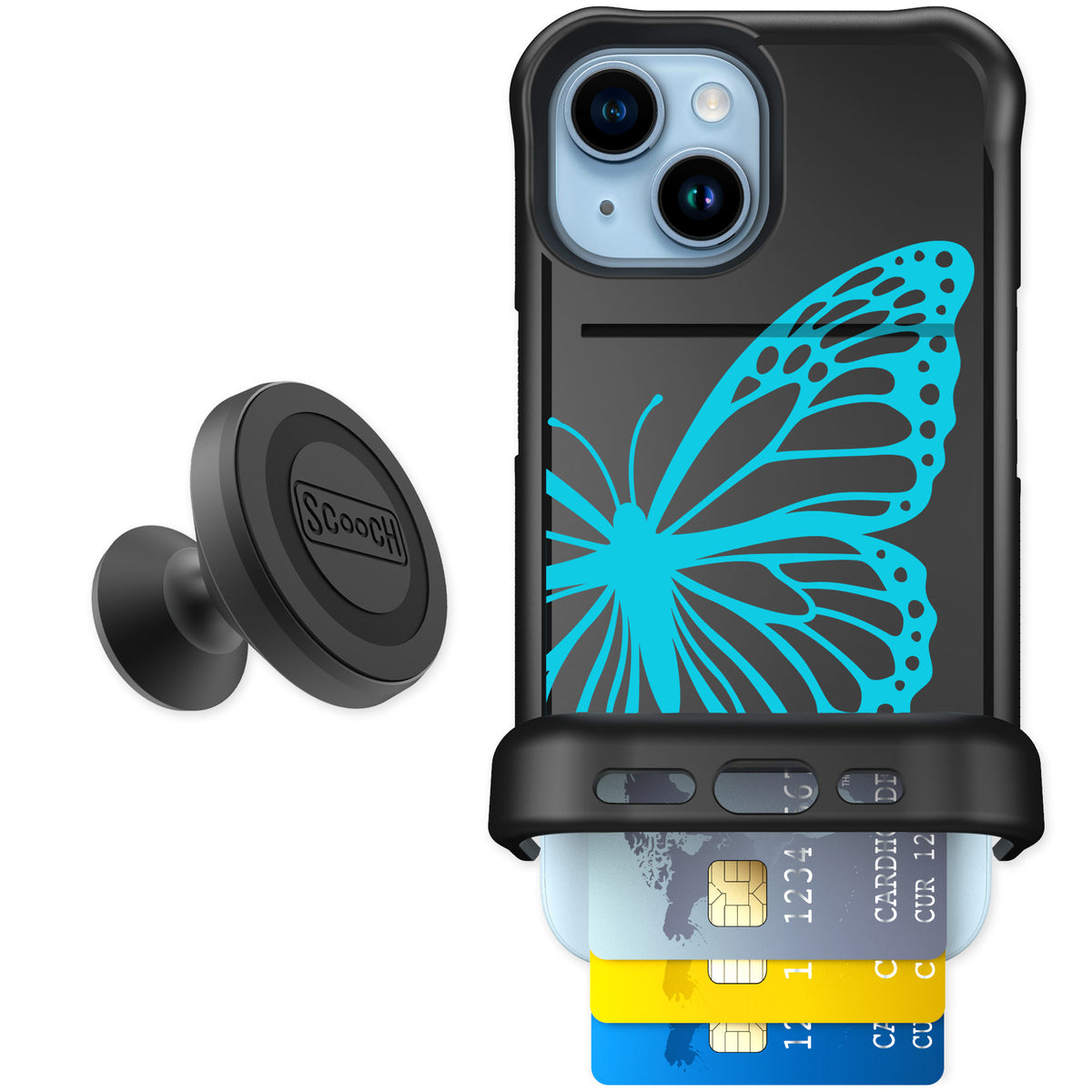 Scooch Wingmate Azure Butterfly for iPhone 15 — Starter Bundle