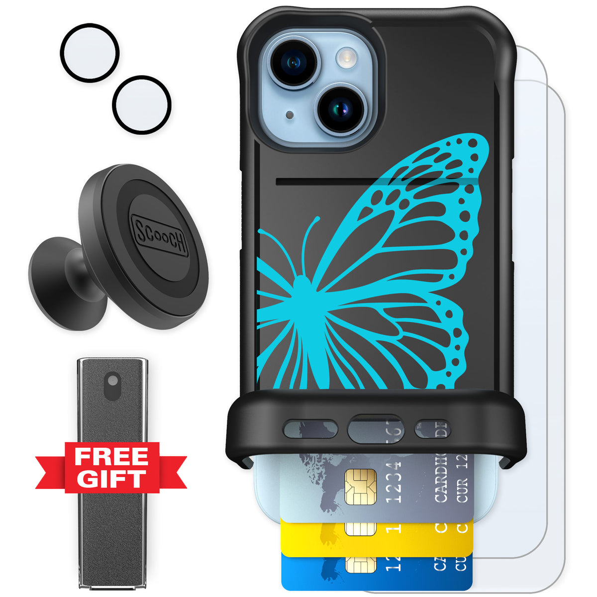 Scooch Wingmate Azure Butterfly for iPhone 15 — Defender Bundle
