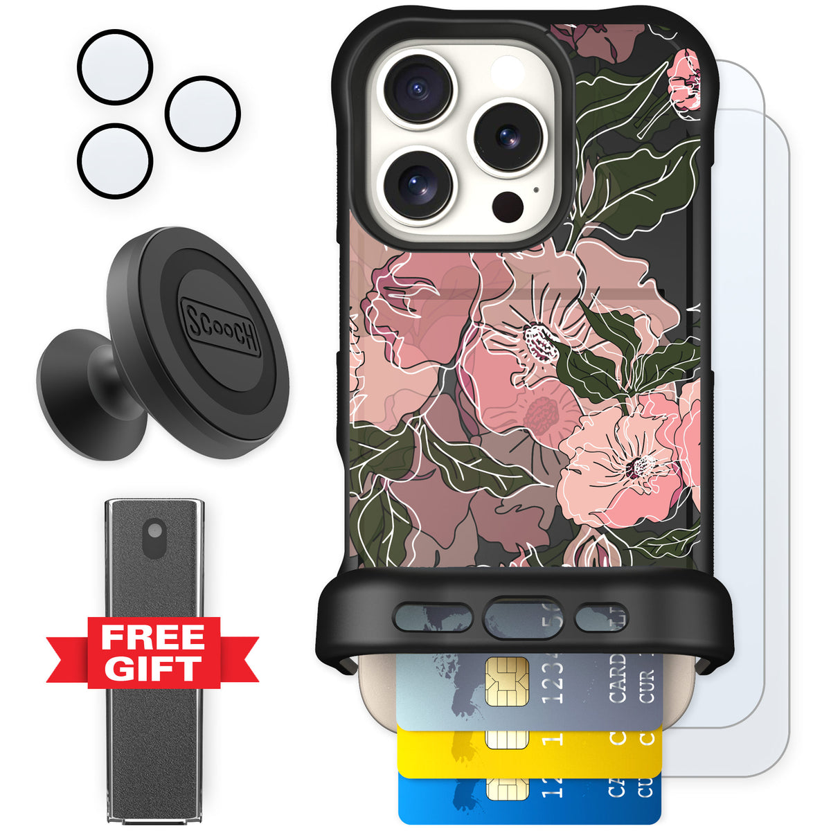 Scooch Wingmate Blush Botanical for iPhone 16 Pro — Defender Bundle