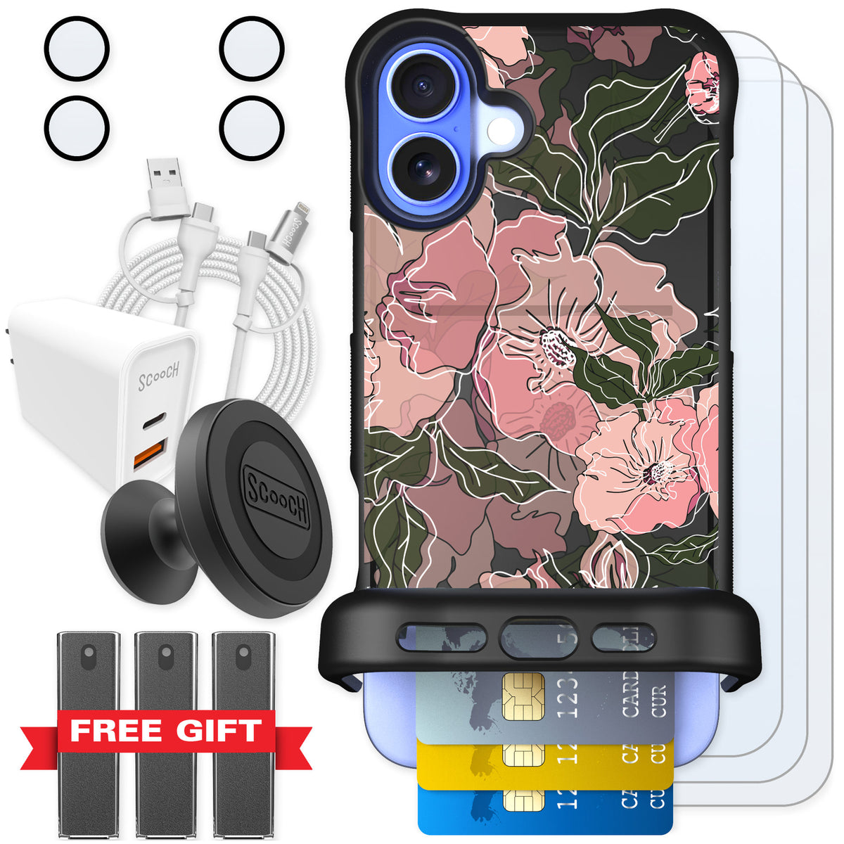 Scooch Wingmate Blush Botanical for iPhone 16 Plus — Ultimate Bundle