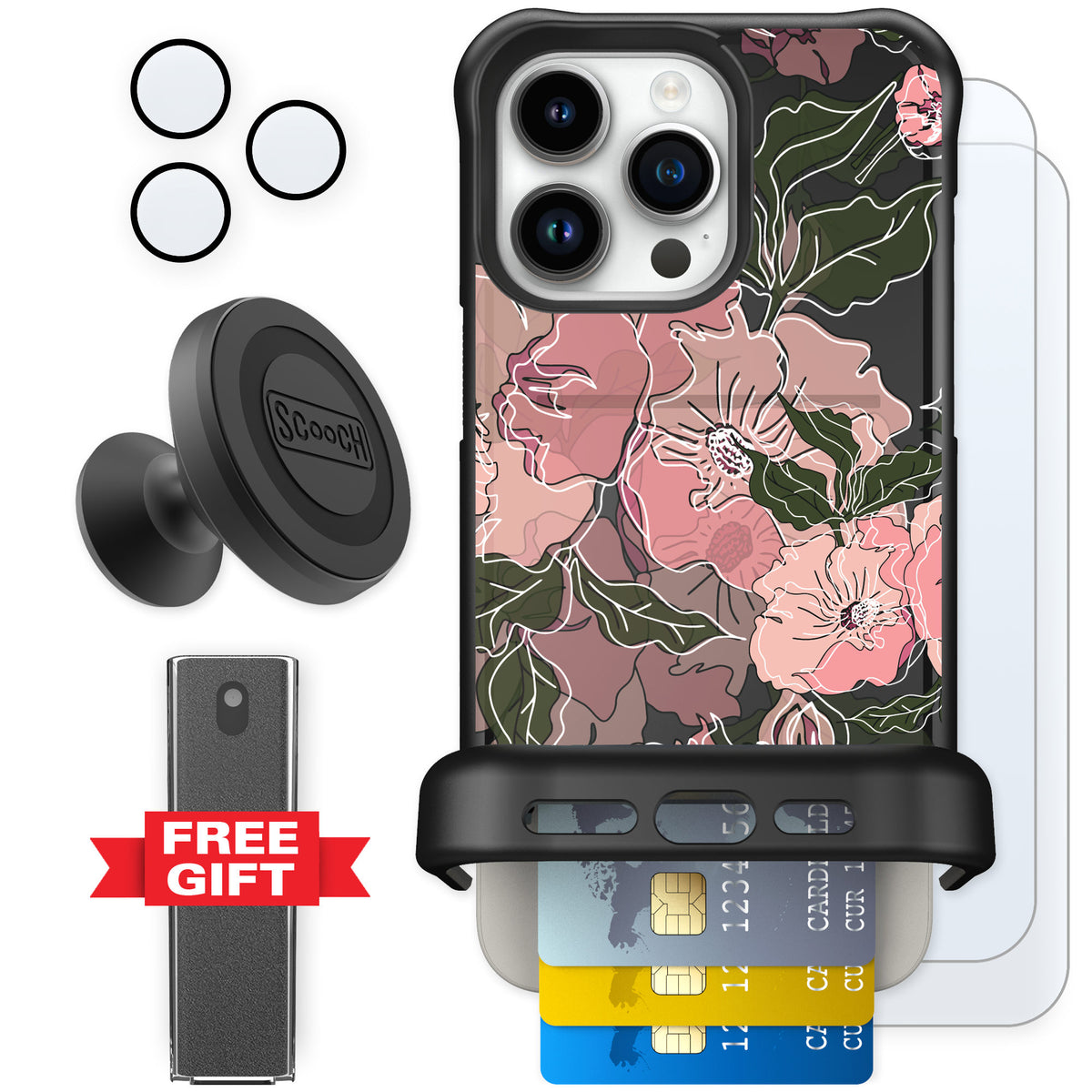 Scooch Wingmate Blush Botanical for iPhone 15 Pro Max — Defender Bundle