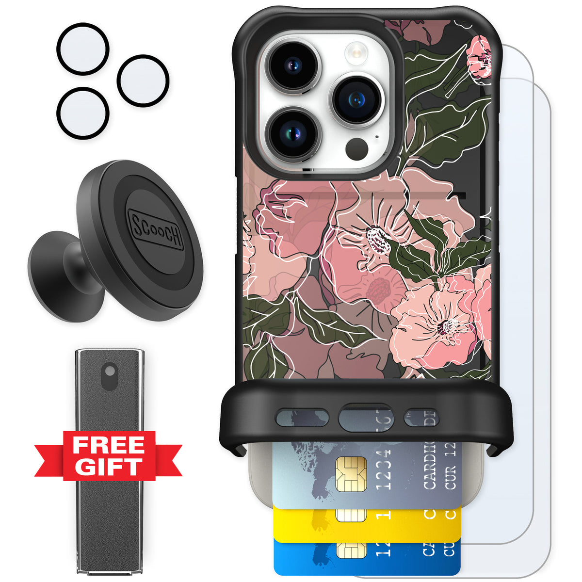 Scooch Wingmate Blush Botanical for iPhone 15 Pro — Defender Bundle