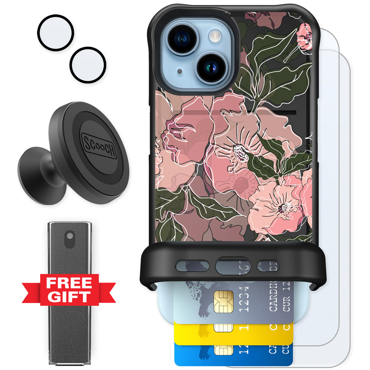 Scooch Wingmate Blush Botanical for iPhone 15 — Defender Bundle