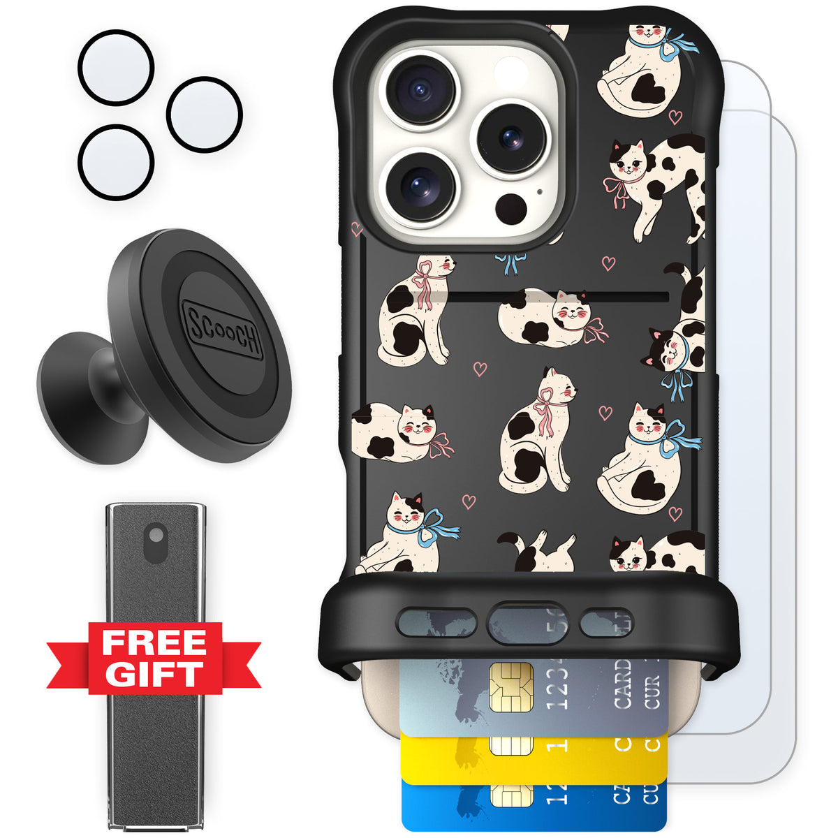 Scooch Wingmate Bow Kitties for iPhone 16 Pro — Defender Bundle