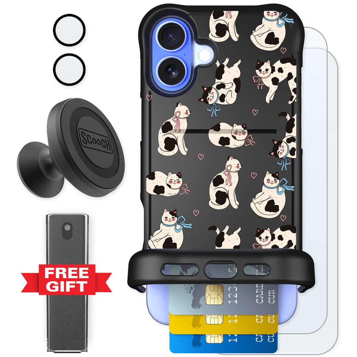 Scooch Wingmate Bow Kitties for iPhone 16 Plus — Defender Bundle
