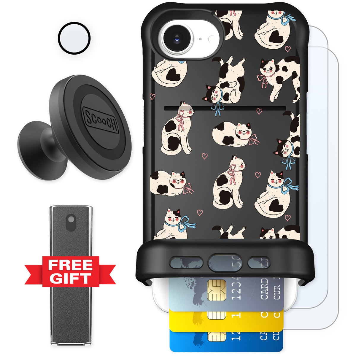 Scooch Wingmate Bow Kitties for iPhone 16e — Defender Bundle