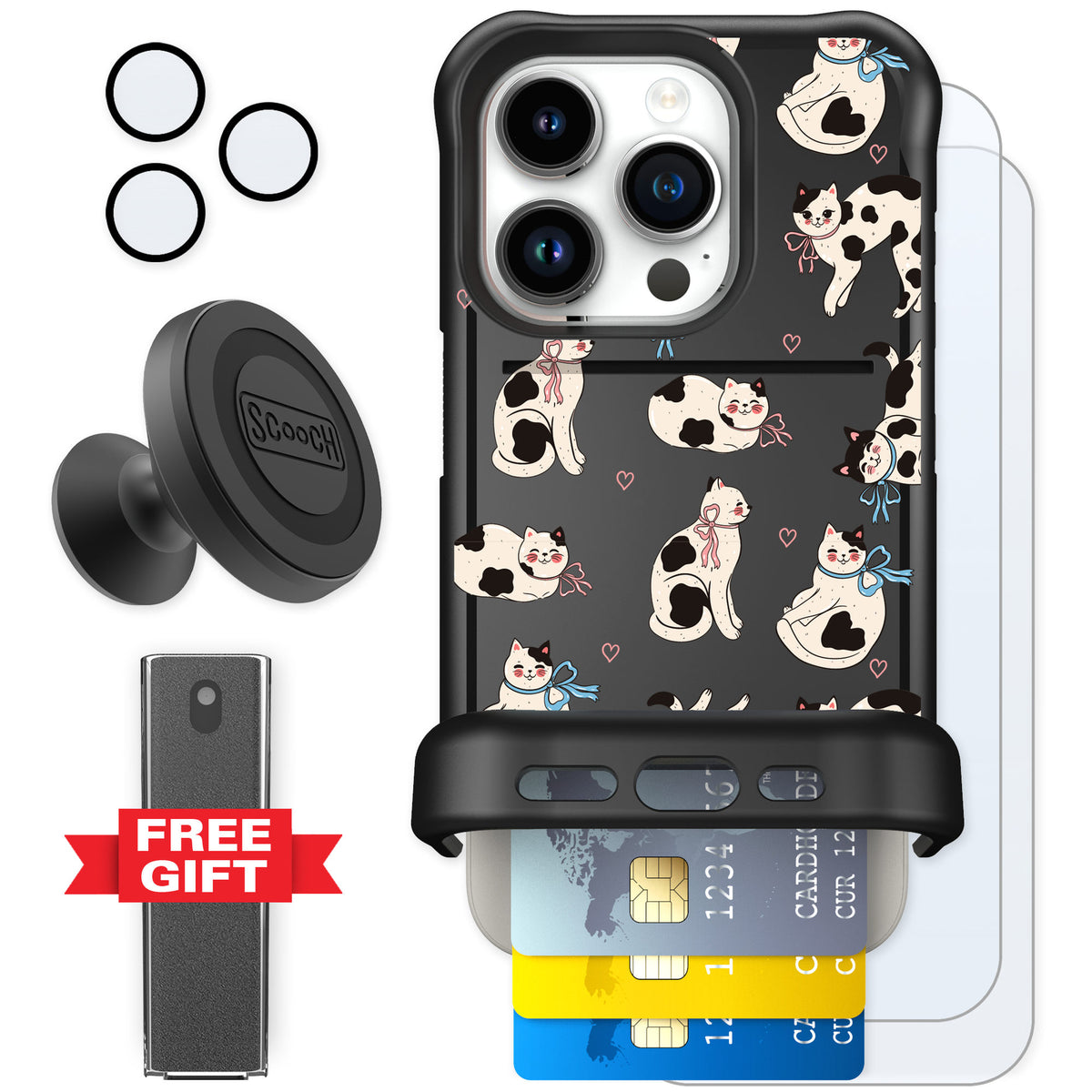 Scooch Wingmate Bow Kitties for iPhone 15 Pro — Defender Bundle