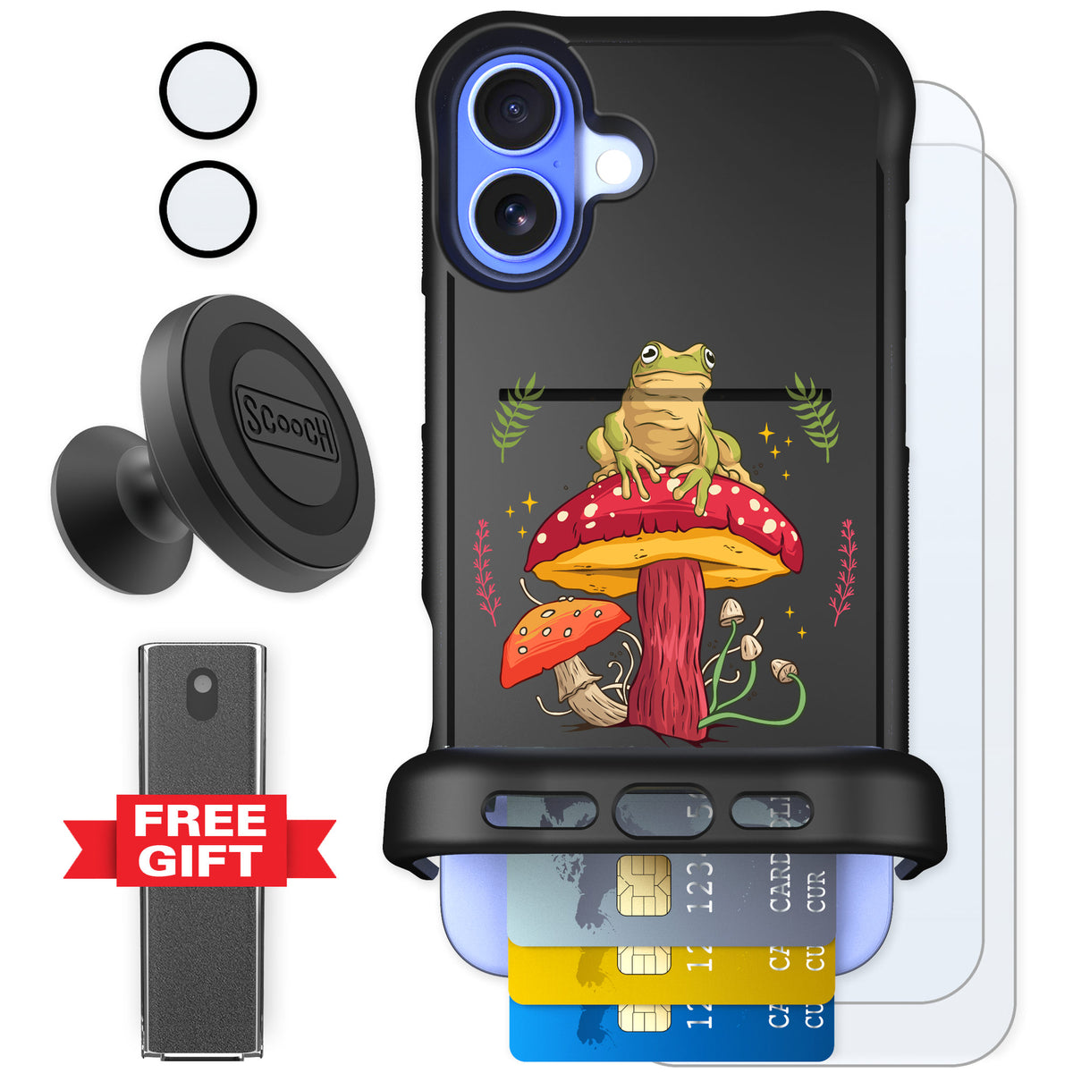Scooch Wingmate Toadstool Frog for iPhone 16 Plus — Defender Bundle