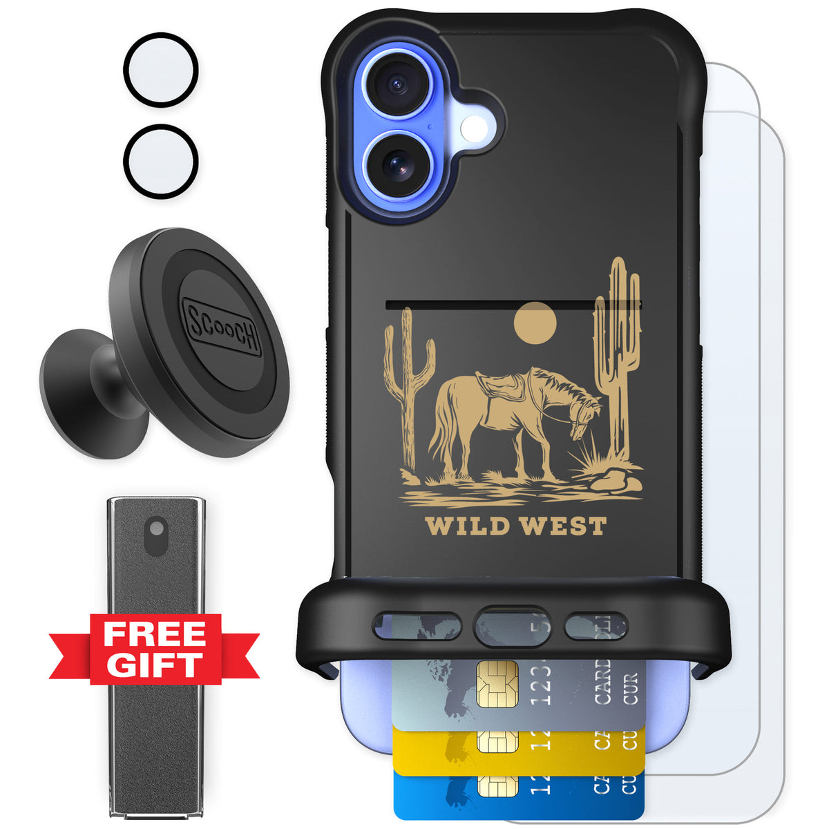 Scooch Wingmate Wild West for iPhone 16 Plus — Defender Bundle