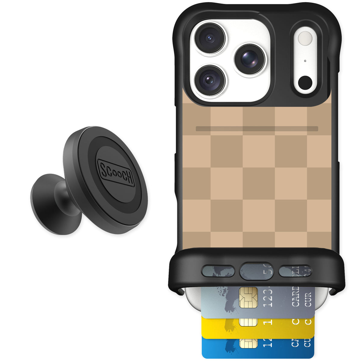 Scooch Wingmate Checkered Beige for iPhone 18 Pro — Starter Bundle