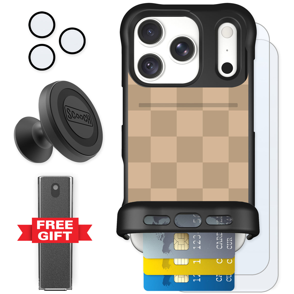 Scooch Wingmate Checkered Beige for iPhone 18 Pro — Defender Bundle