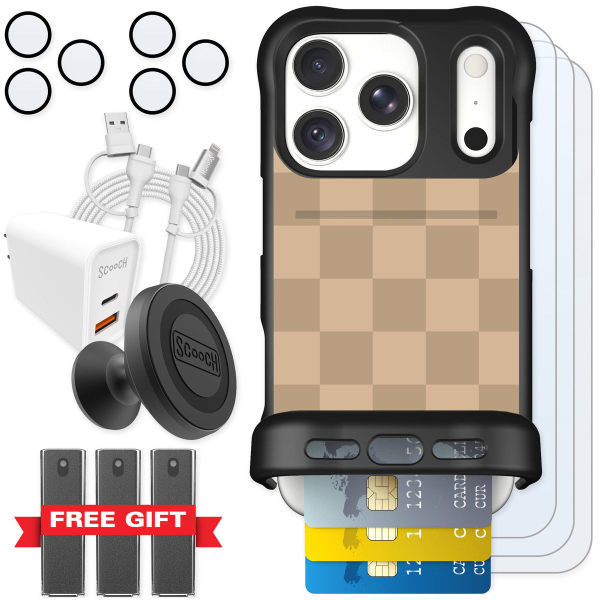 Scooch Wingmate Checkered Beige for iPhone 18 Pro — Ultimate Bundle