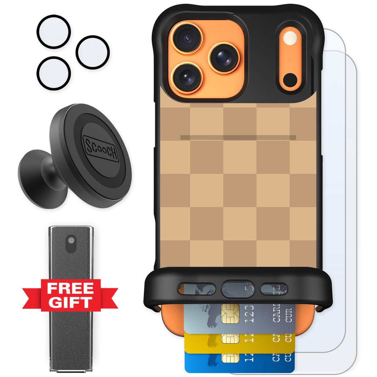 Scooch Wingmate Checkered Beige for iPhone 17 Pro Max — Defender Bundle
